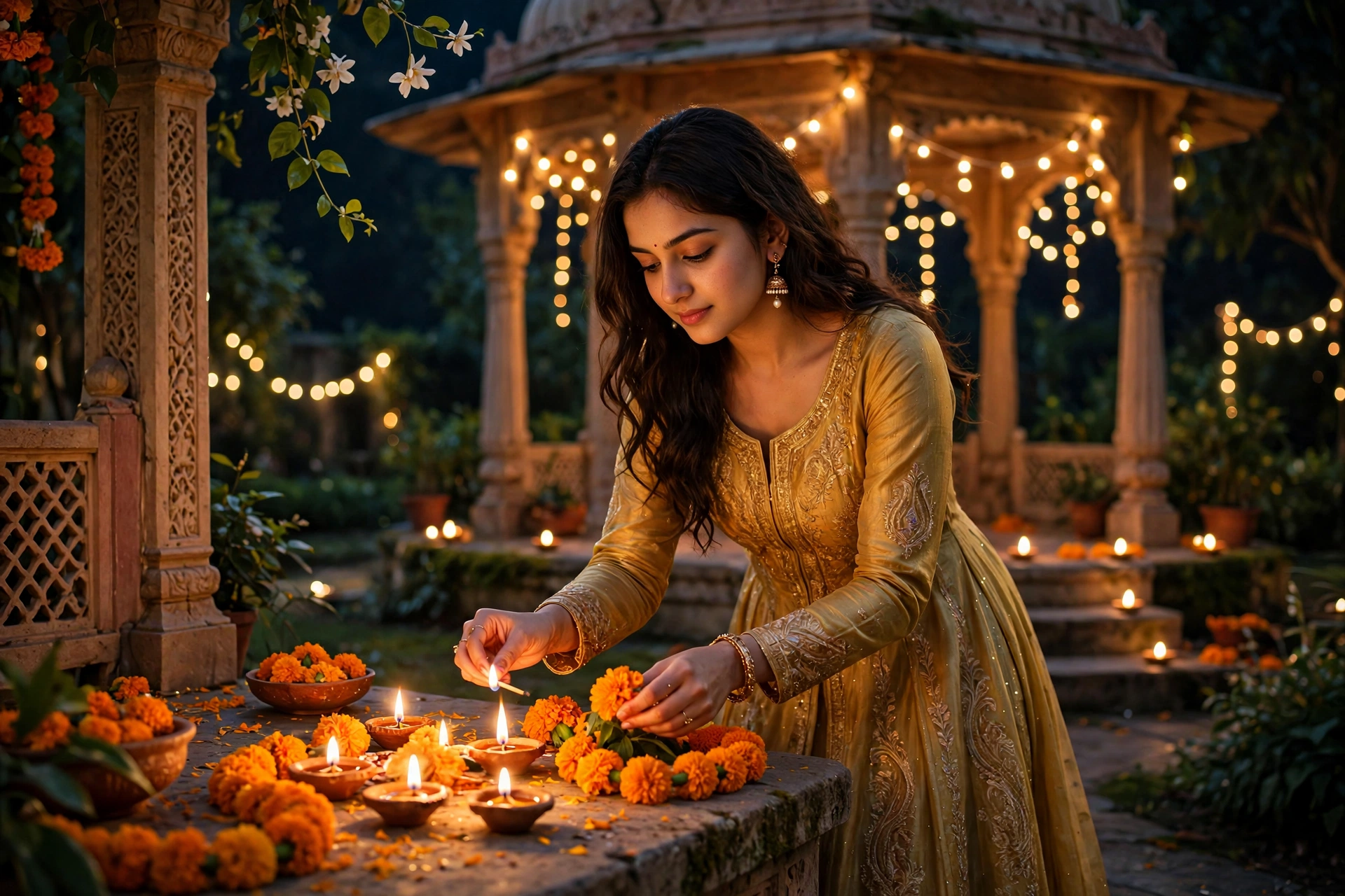 Create an ultra-realistic cinematic photograph of a young woman in a golden anarkali lighting diyas and arranging marigolds in a garden pavilion on Di