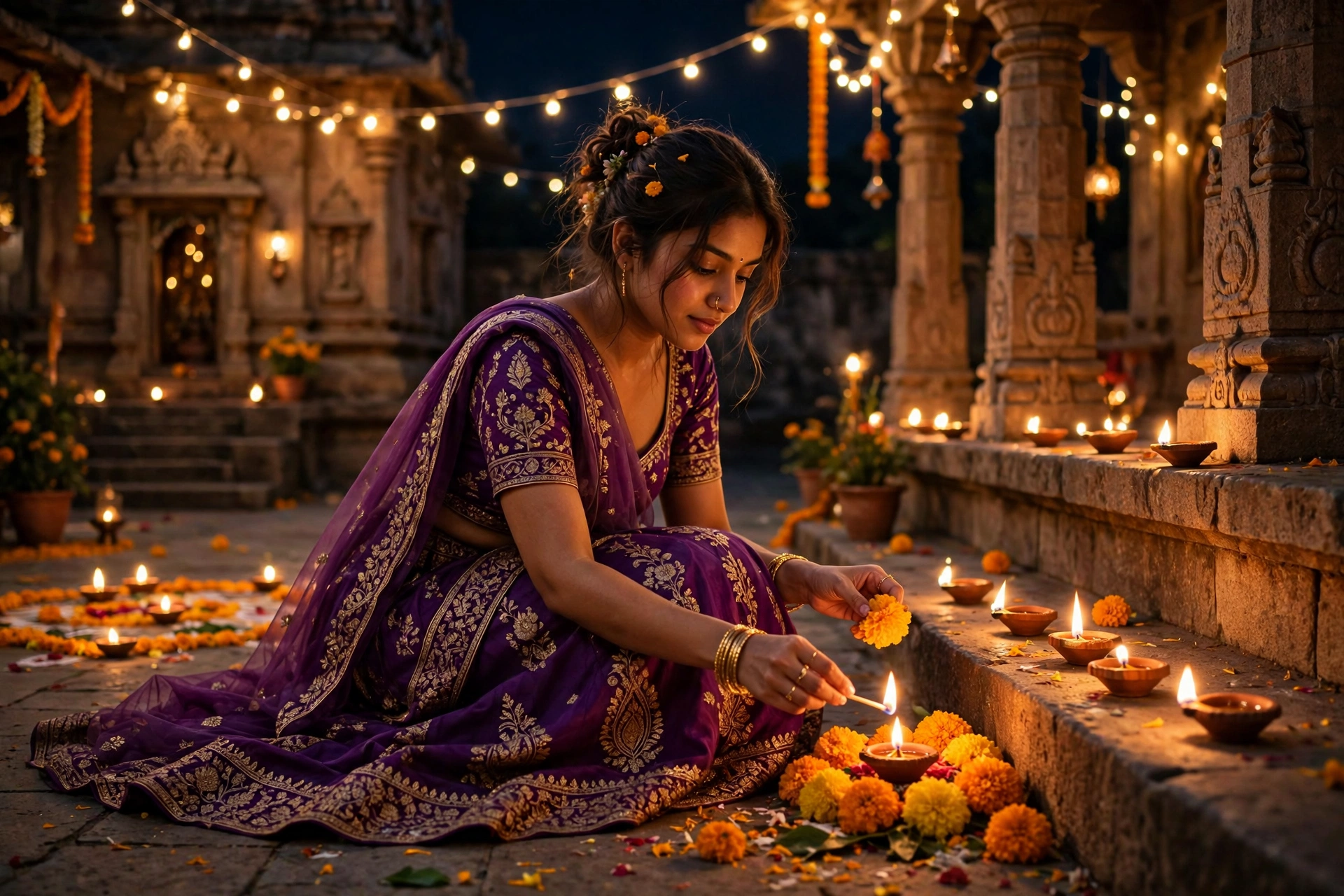 Create an ultra-realistic cinematic photograph of a young woman in a purple lehenga lighting diyas and arranging marigolds in a temple courtyard on Di