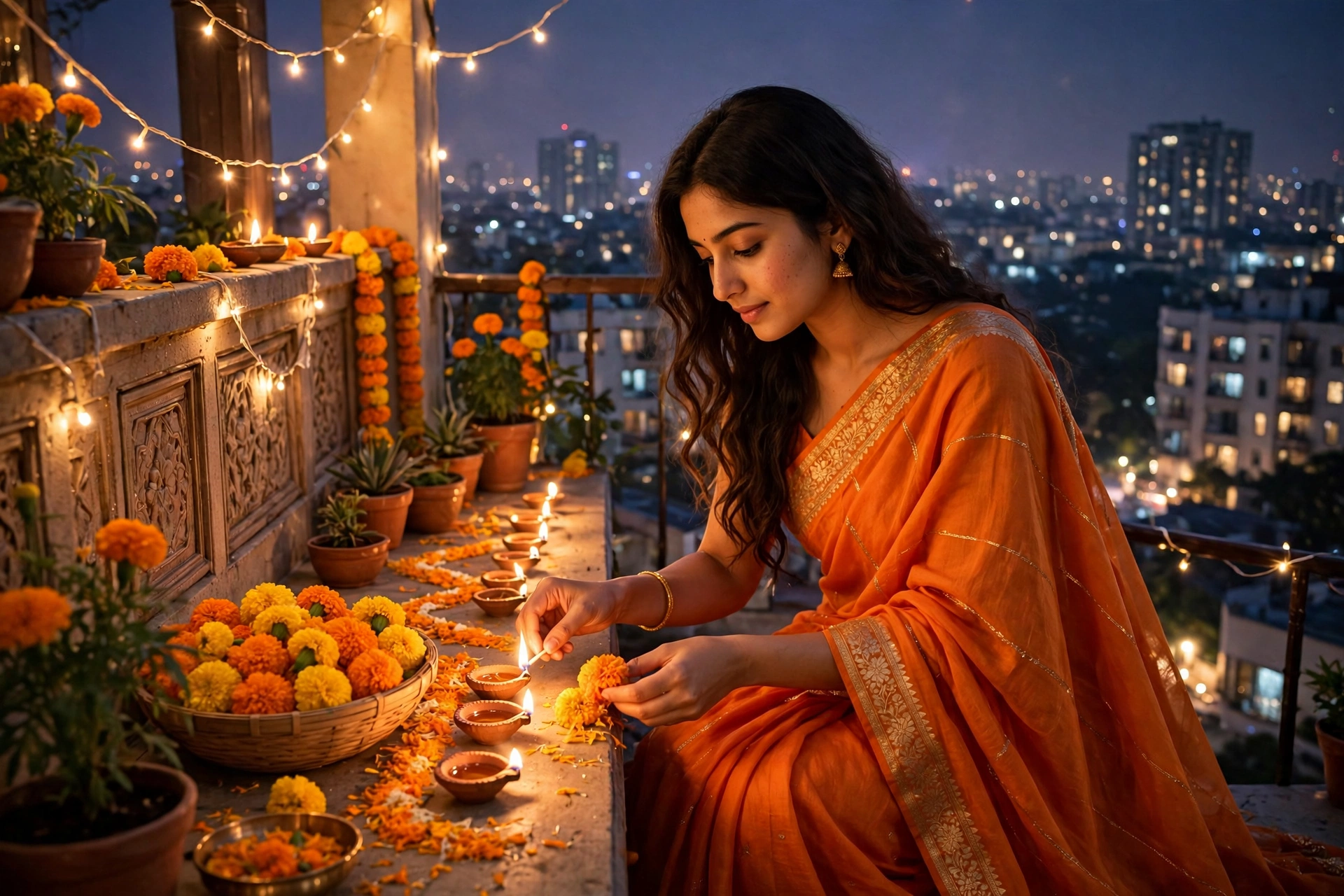 Create an ultra-realistic cinematic photograph of a young woman in a orange saree lighting diyas and arranging marigolds in a balcony overlooking the