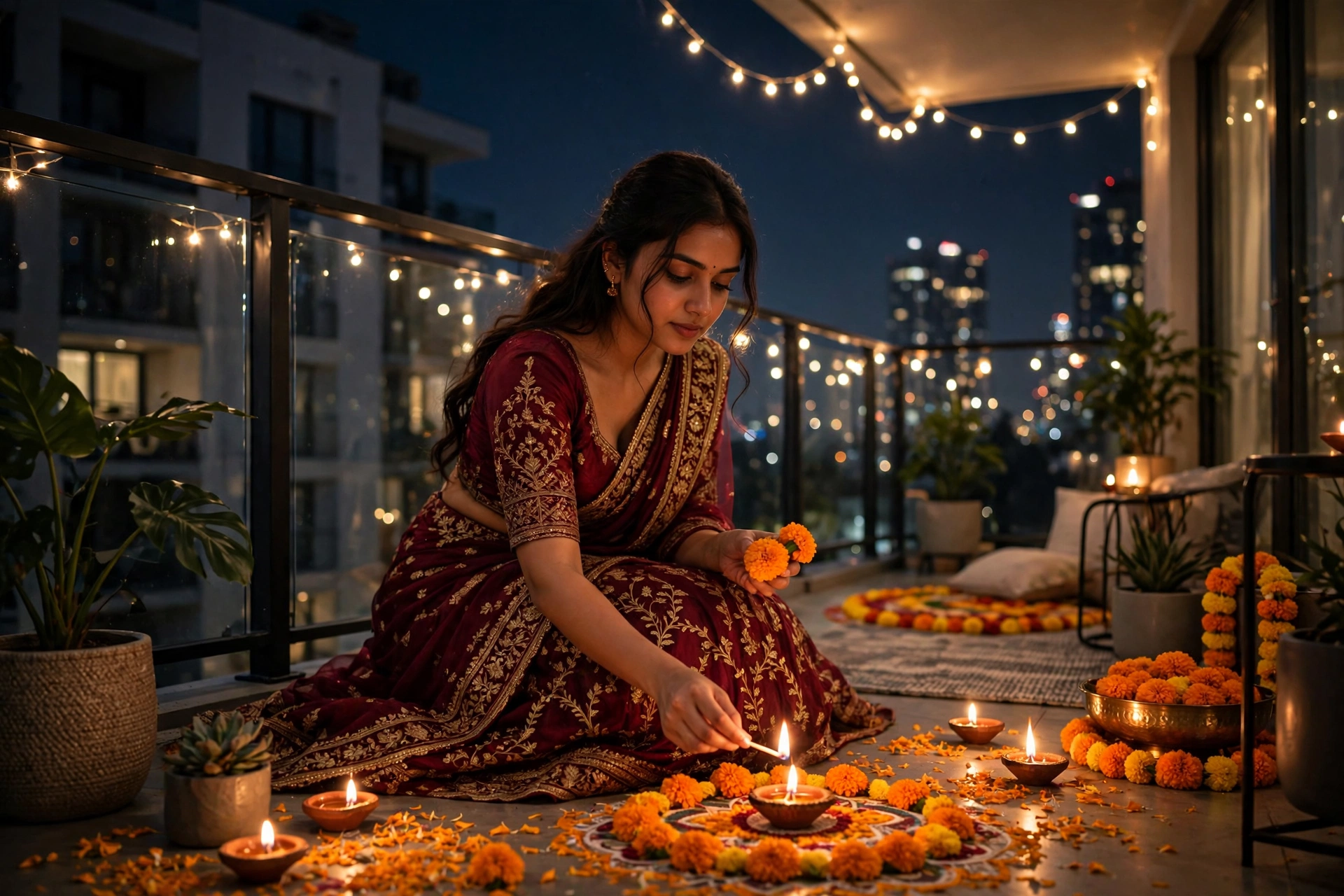 Create an ultra-realistic cinematic photograph of a young woman in a maroon lehenga lighting diyas and arranging marigolds in a modern apartment balco