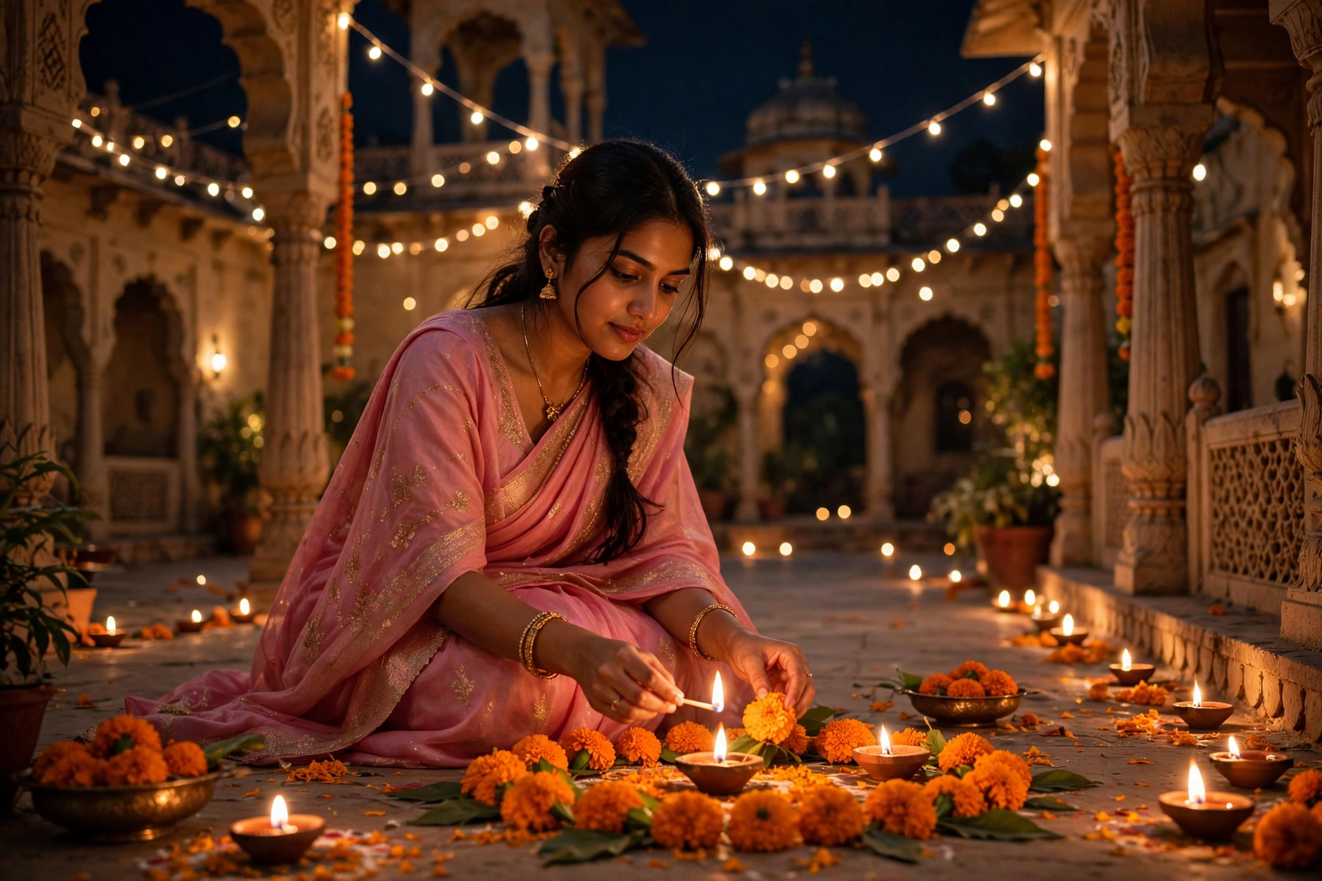 Create an ultra-realistic cinematic photograph of a young woman in a pink saree lighting diyas and arranging marigolds in a palace courtyard on Diwali