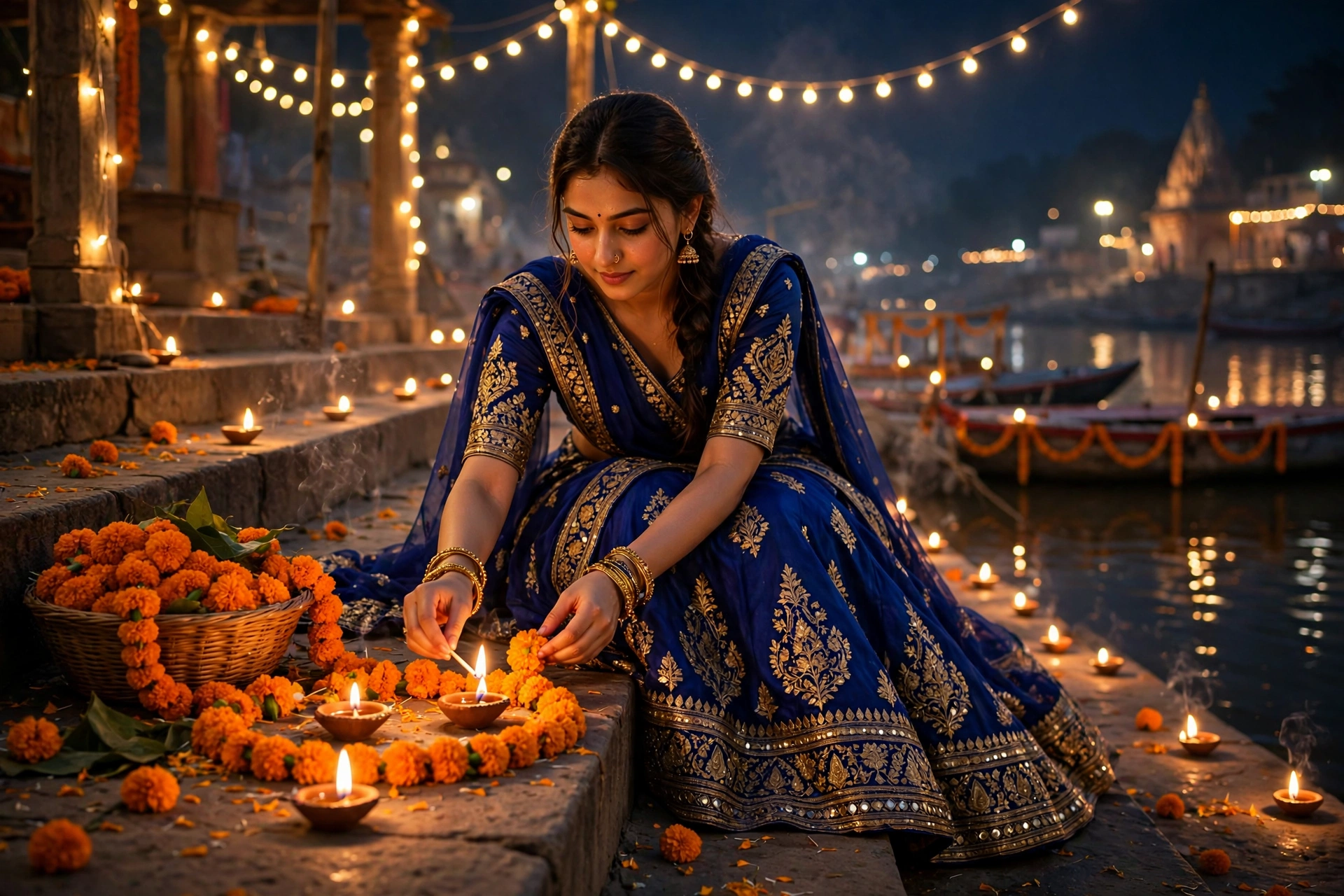 Create an ultra-realistic cinematic photograph of a young woman in a royal blue lehenga lighting diyas and arranging marigolds in a riverside ghat on