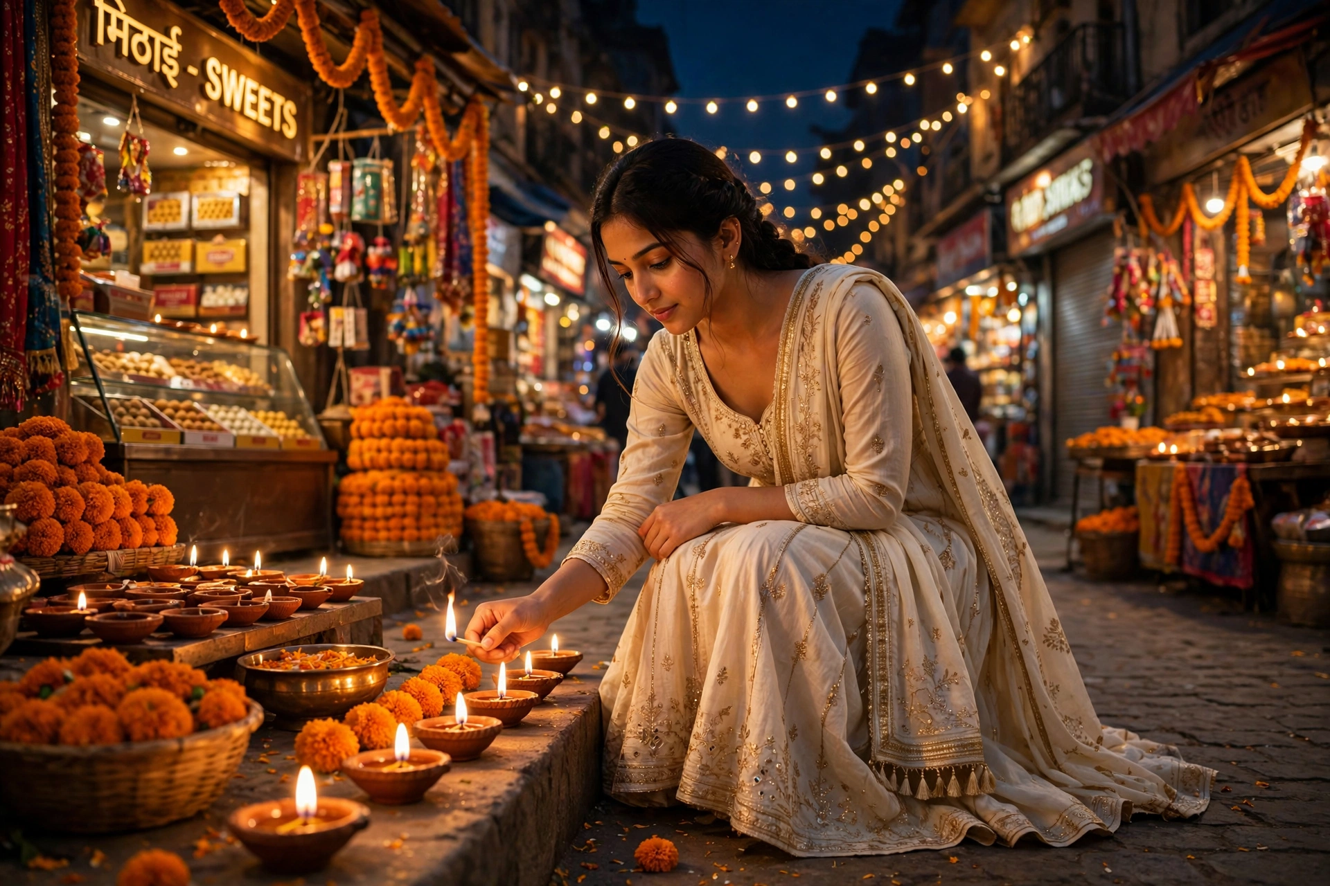 Create an ultra-realistic cinematic photograph of a young woman in a cream anarkali lighting diyas and arranging marigolds in a festive market street