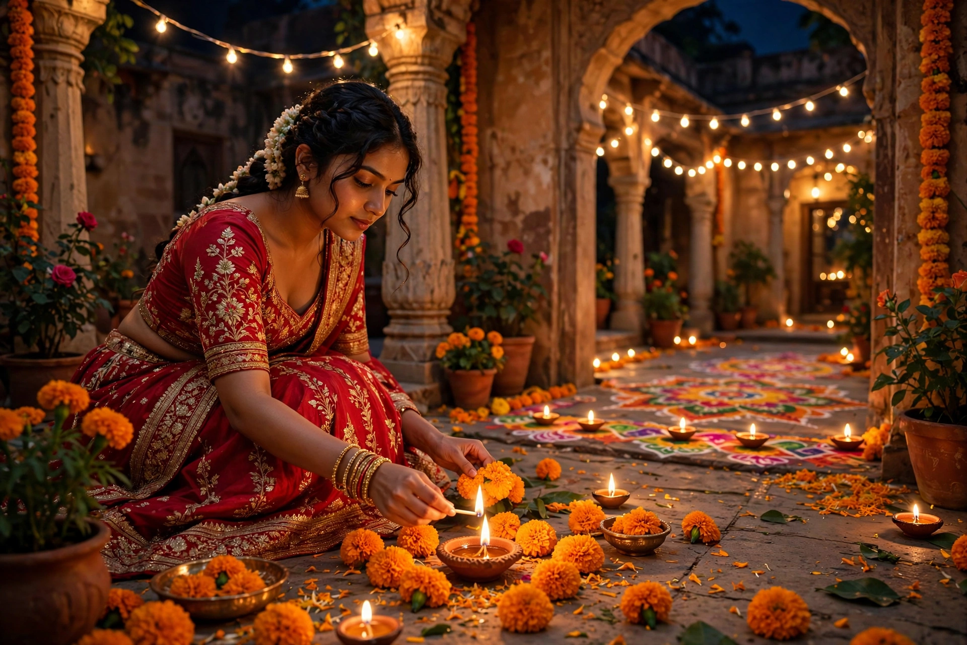 Create an ultra-realistic cinematic photograph of a young woman in a red lehenga lighting diyas and arranging marigolds in a flower-filled courtyard o