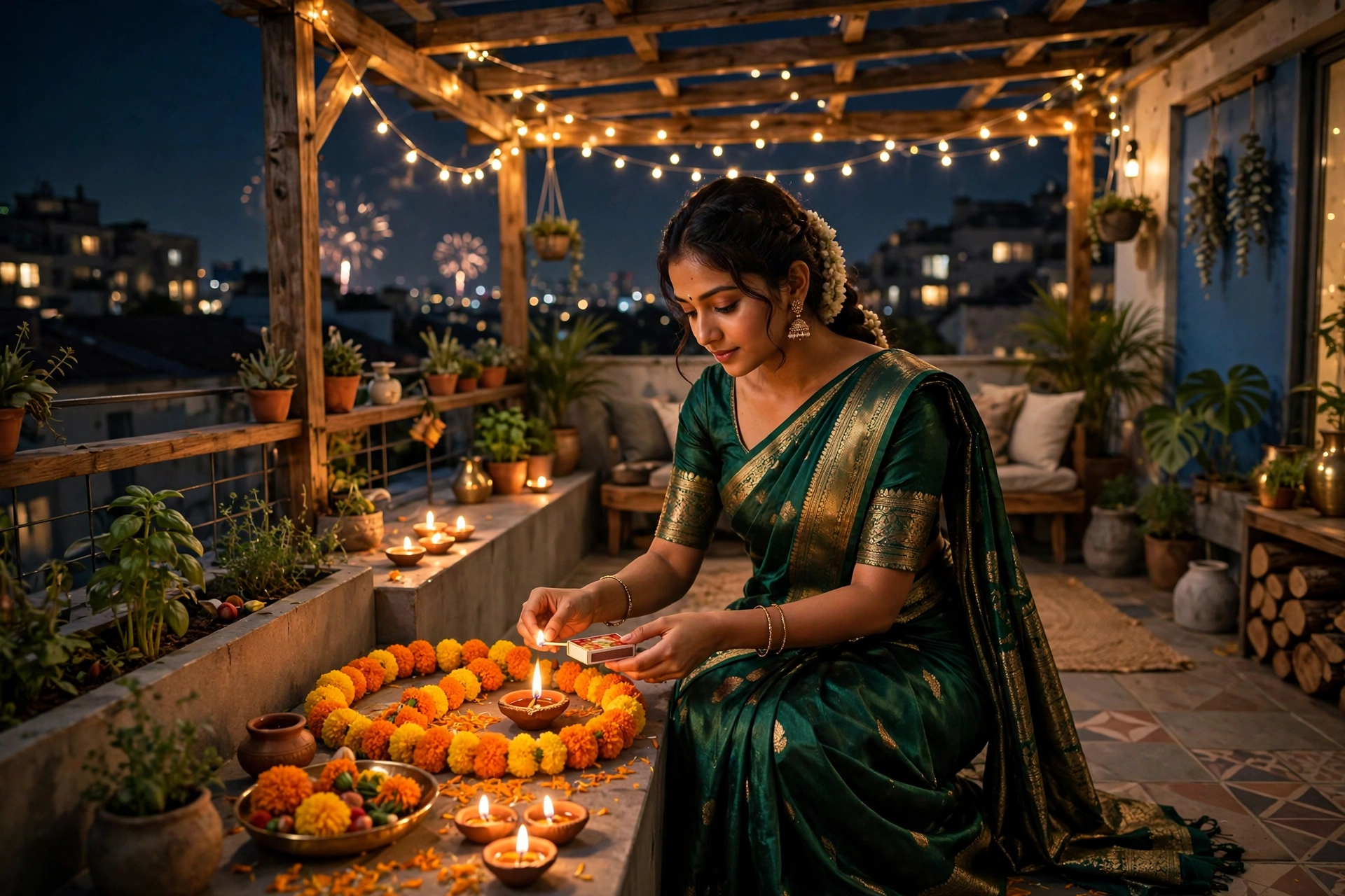 Create an ultra-realistic cinematic photograph of a young woman in a emerald saree lighting diyas and arranging marigolds in a rooftop terrace on Diwa