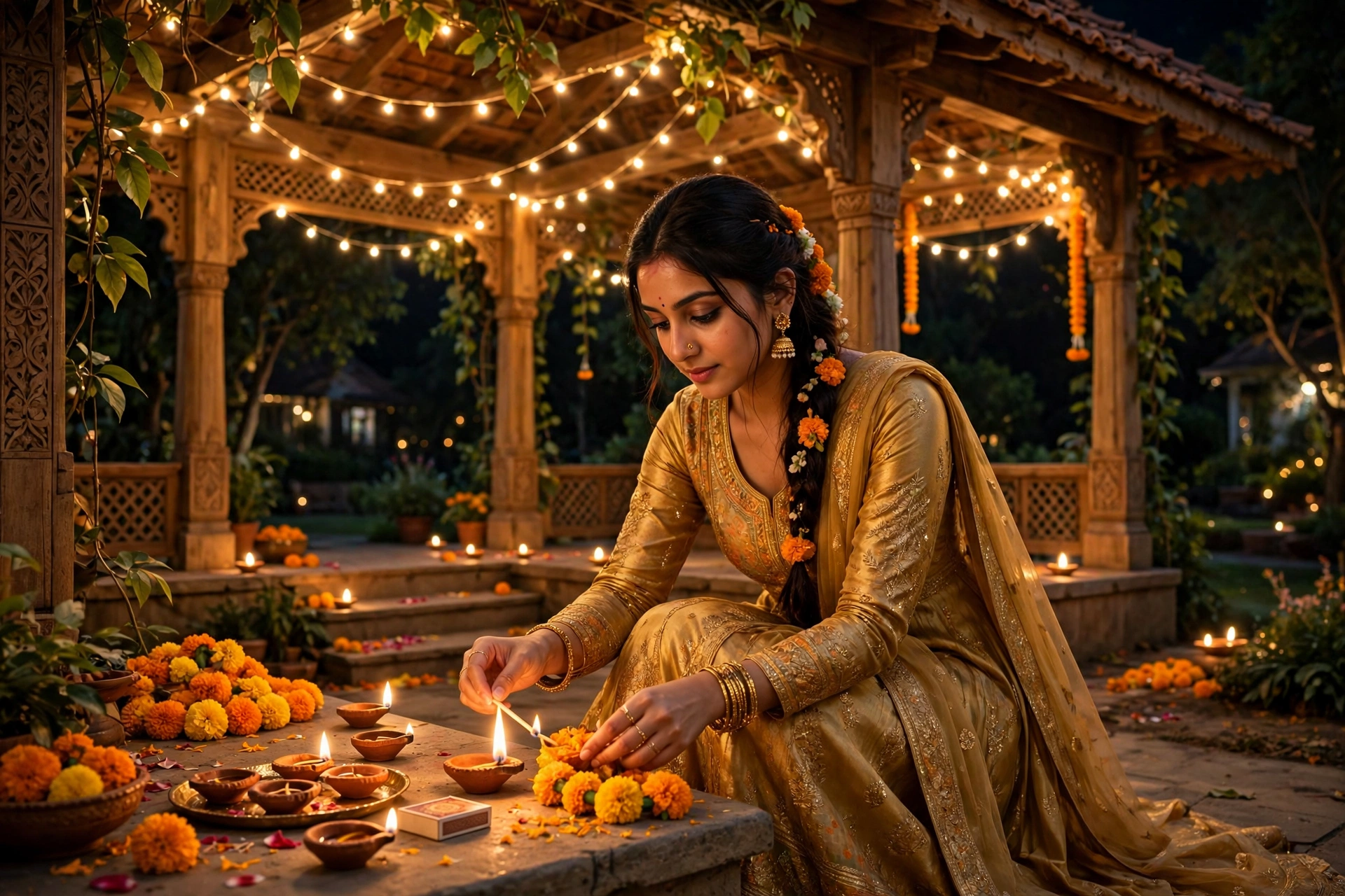 Create an ultra-realistic cinematic photograph of a young woman in a golden anarkali lighting diyas and arranging marigolds in a garden pavilion on Di