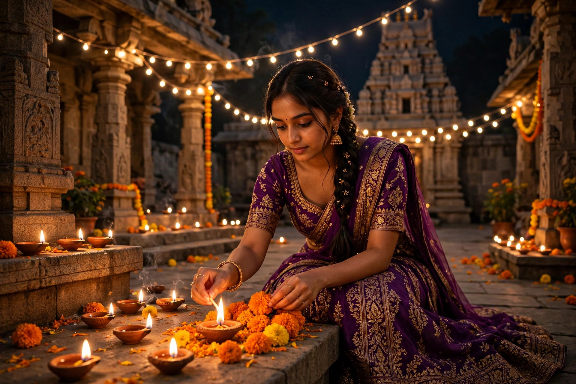 Create an ultra-realistic cinematic photograph of a young woman in a purple lehenga lighting diyas and arranging marigolds in a temple courtyard on Di