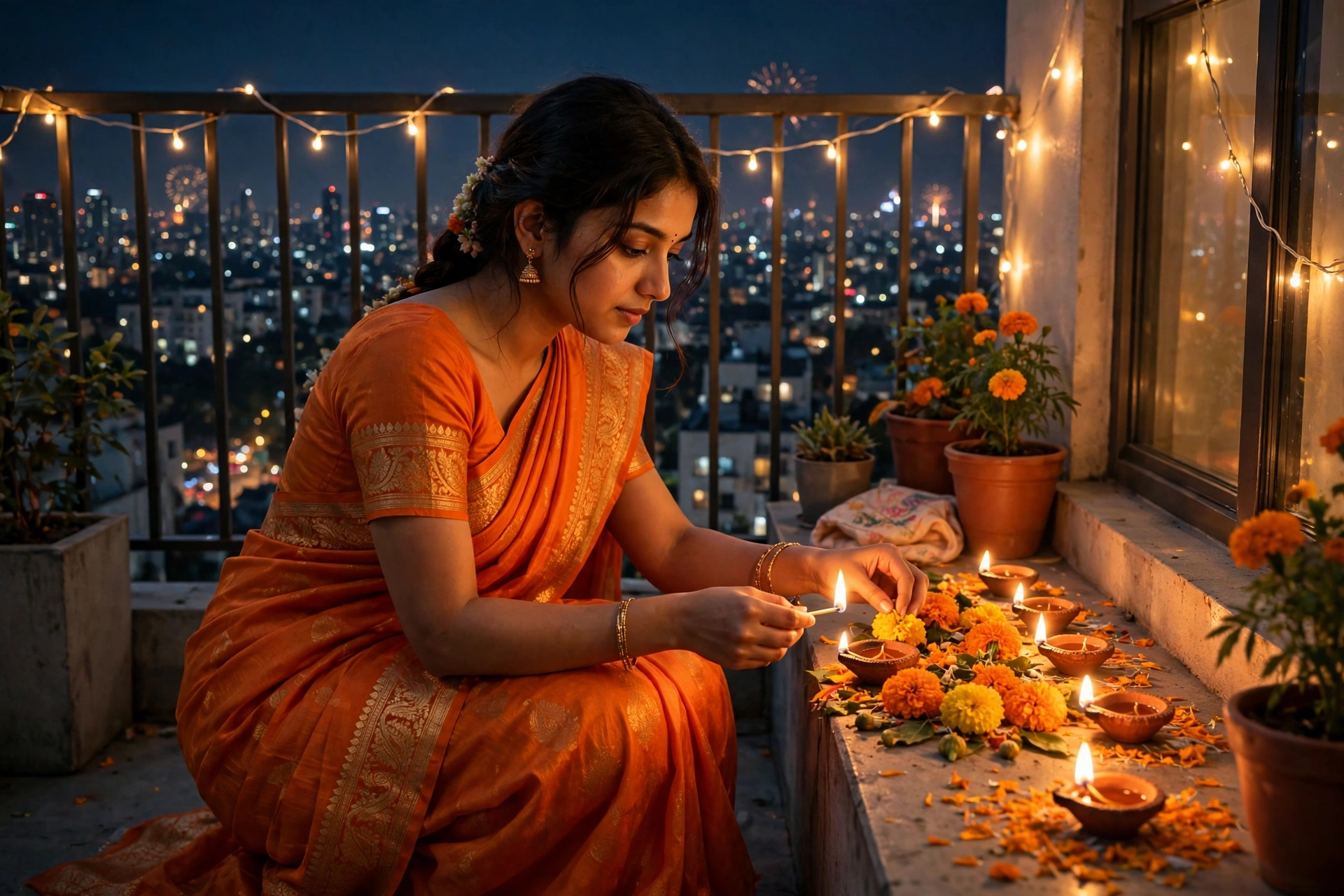 Create an ultra-realistic cinematic photograph of a young woman in a orange saree lighting diyas and arranging marigolds in a balcony overlooking the