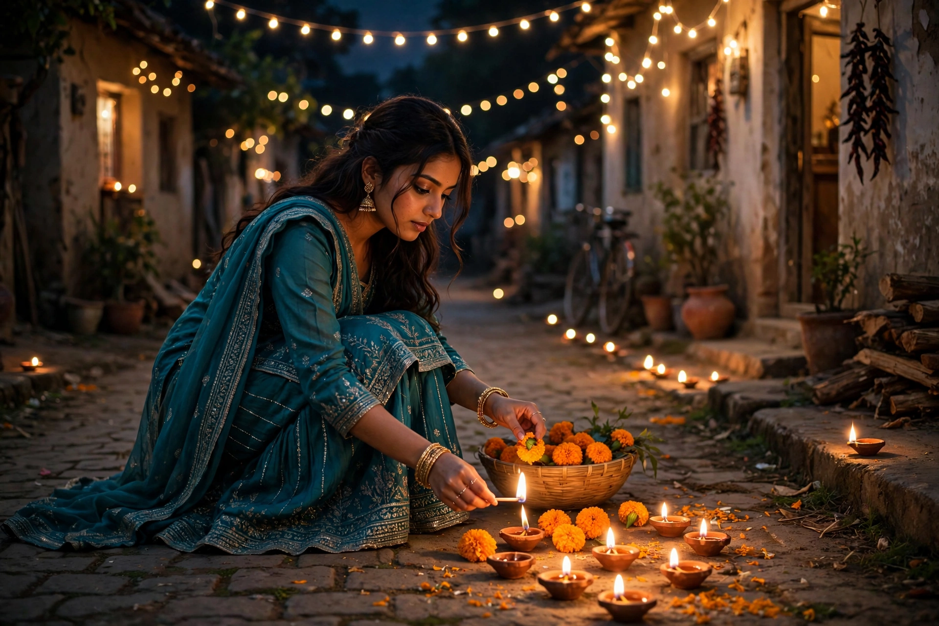 Create an ultra-realistic cinematic photograph of a young woman in a teal sharara lighting diyas and arranging marigolds in a village lane on Diwali n