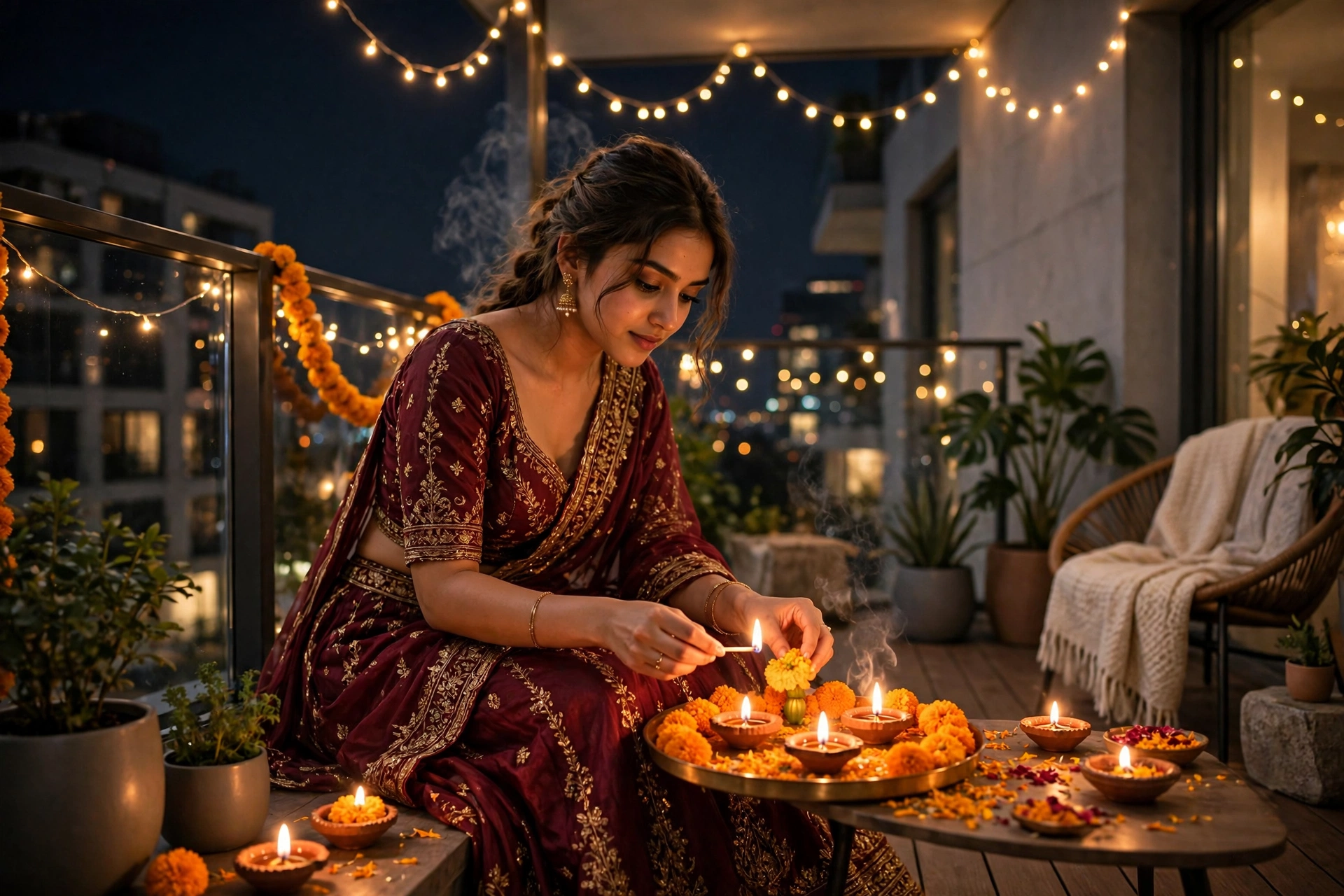 Create an ultra-realistic cinematic photograph of a young woman in a maroon lehenga lighting diyas and arranging marigolds in a modern apartment balco