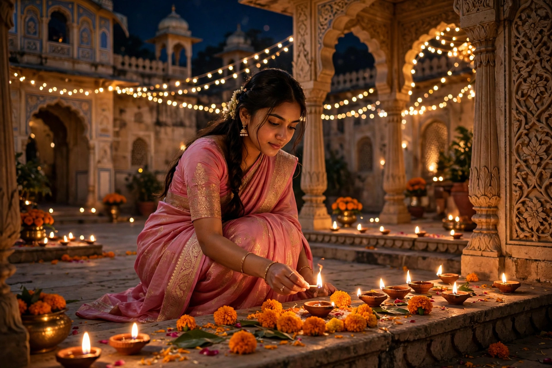 Create an ultra-realistic cinematic photograph of a young woman in a pink saree lighting diyas and arranging marigolds in a palace courtyard on Diwali