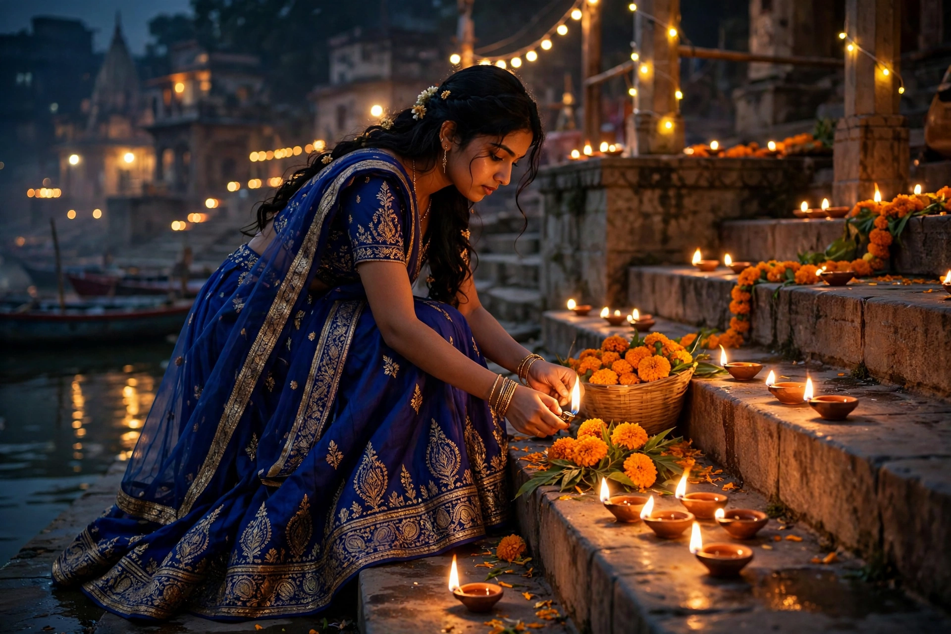 Create an ultra-realistic cinematic photograph of a young woman in a royal blue lehenga lighting diyas and arranging marigolds in a riverside ghat on