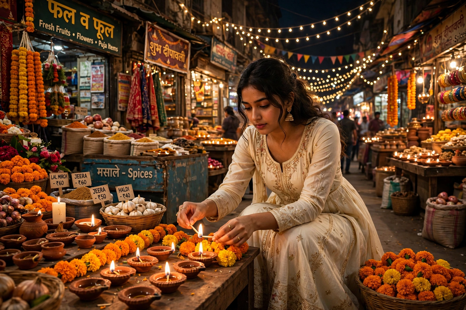 Create an ultra-realistic cinematic photograph of a young woman in a cream anarkali lighting diyas and arranging marigolds in a festive market street