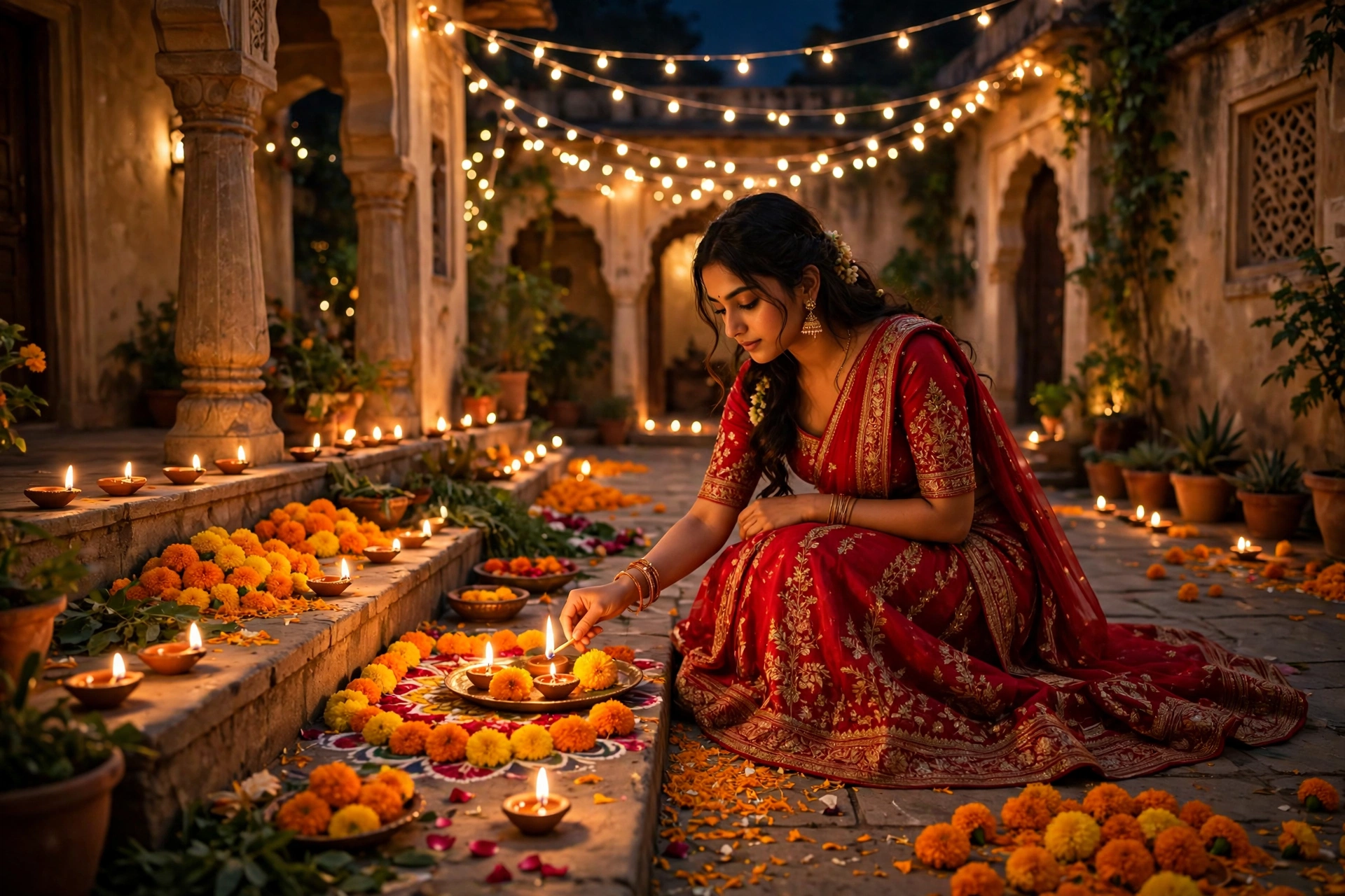 Create an ultra-realistic cinematic photograph of a young woman in a red lehenga lighting diyas and arranging marigolds in a flower-filled courtyard o