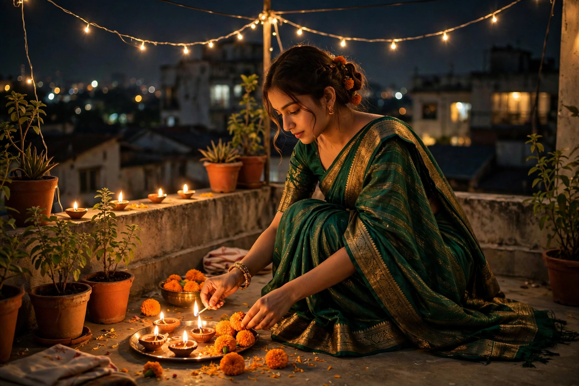 Create an ultra-realistic cinematic photograph of a young woman in a emerald saree lighting diyas and arranging marigolds in a rooftop terrace on Diwa
