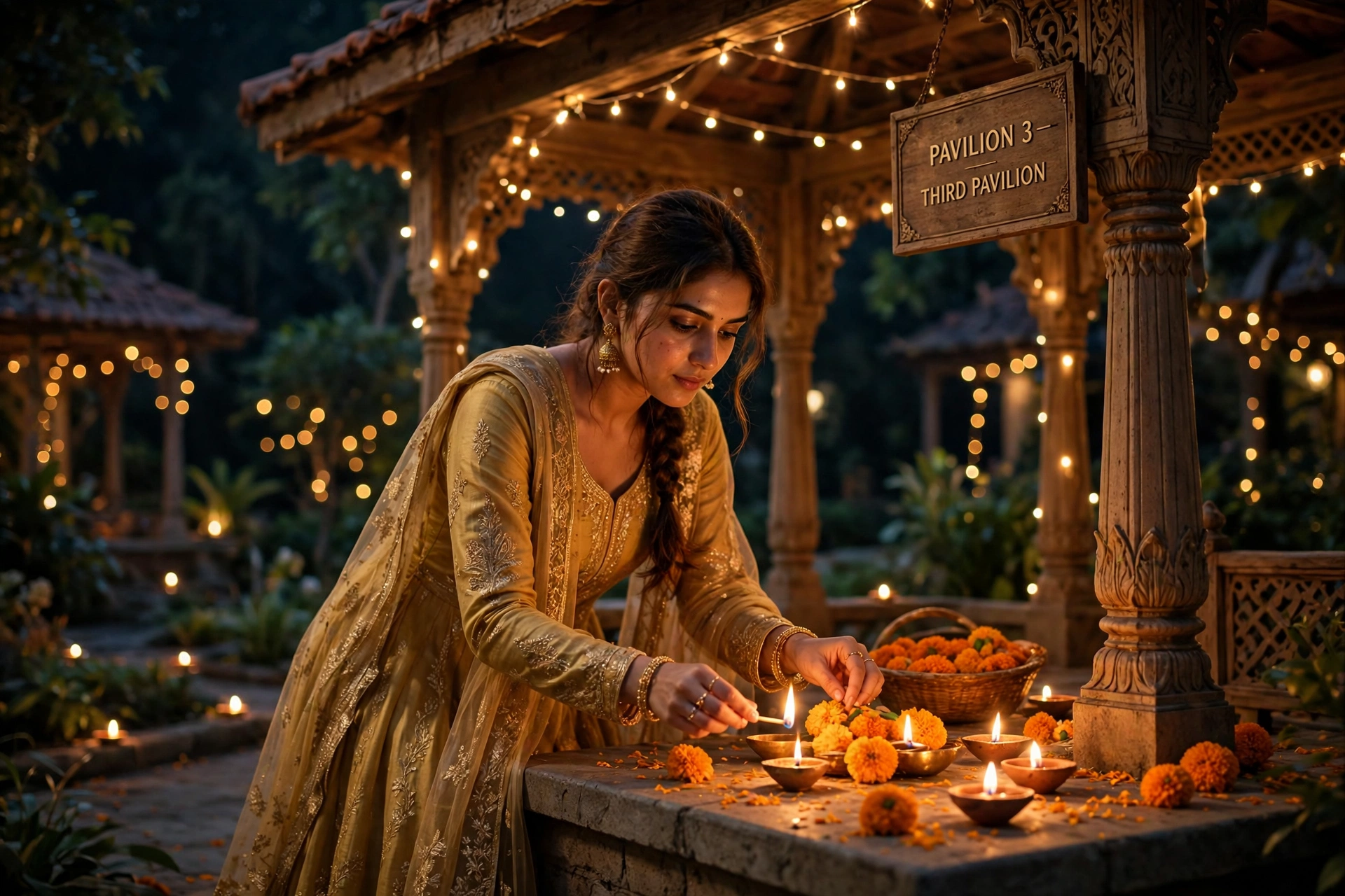 Create an ultra-realistic cinematic photograph of a young woman in a golden anarkali lighting diyas and arranging marigolds in a garden pavilion on Di