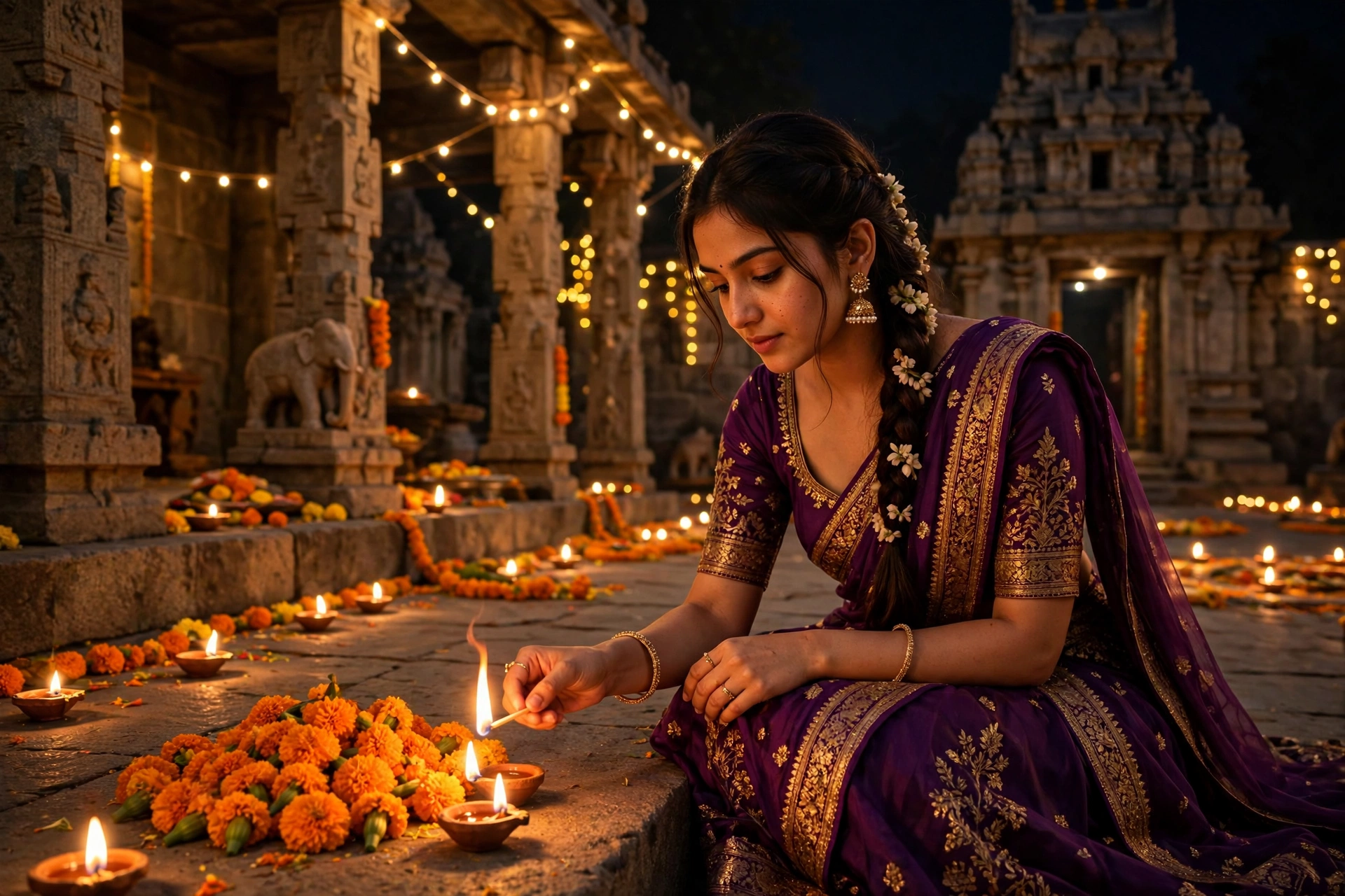 Create an ultra-realistic cinematic photograph of a young woman in a purple lehenga lighting diyas and arranging marigolds in a temple courtyard on Di