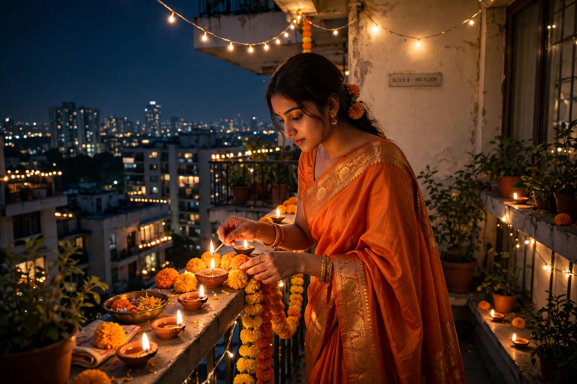 Create an ultra-realistic cinematic photograph of a young woman in a orange saree lighting diyas and arranging marigolds in a balcony overlooking the