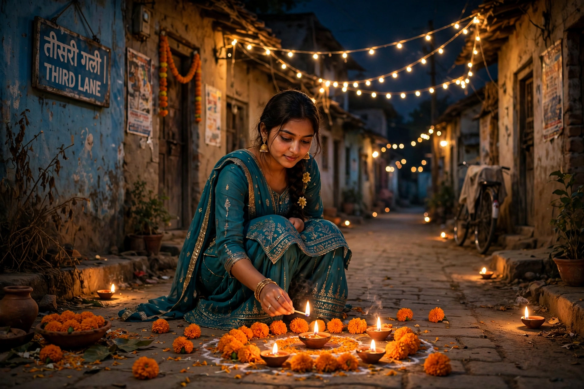 Create an ultra-realistic cinematic photograph of a young woman in a teal sharara lighting diyas and arranging marigolds in a village lane on Diwali n