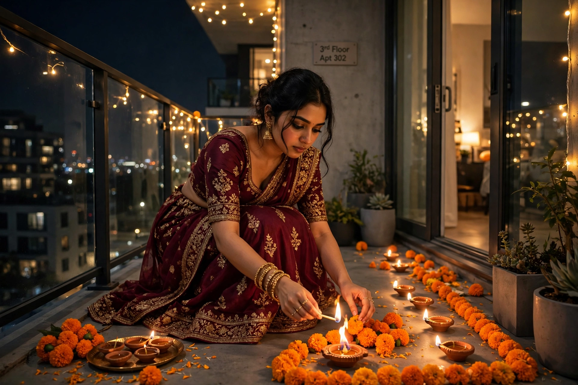 Create an ultra-realistic cinematic photograph of a young woman in a maroon lehenga lighting diyas and arranging marigolds in a modern apartment balco
