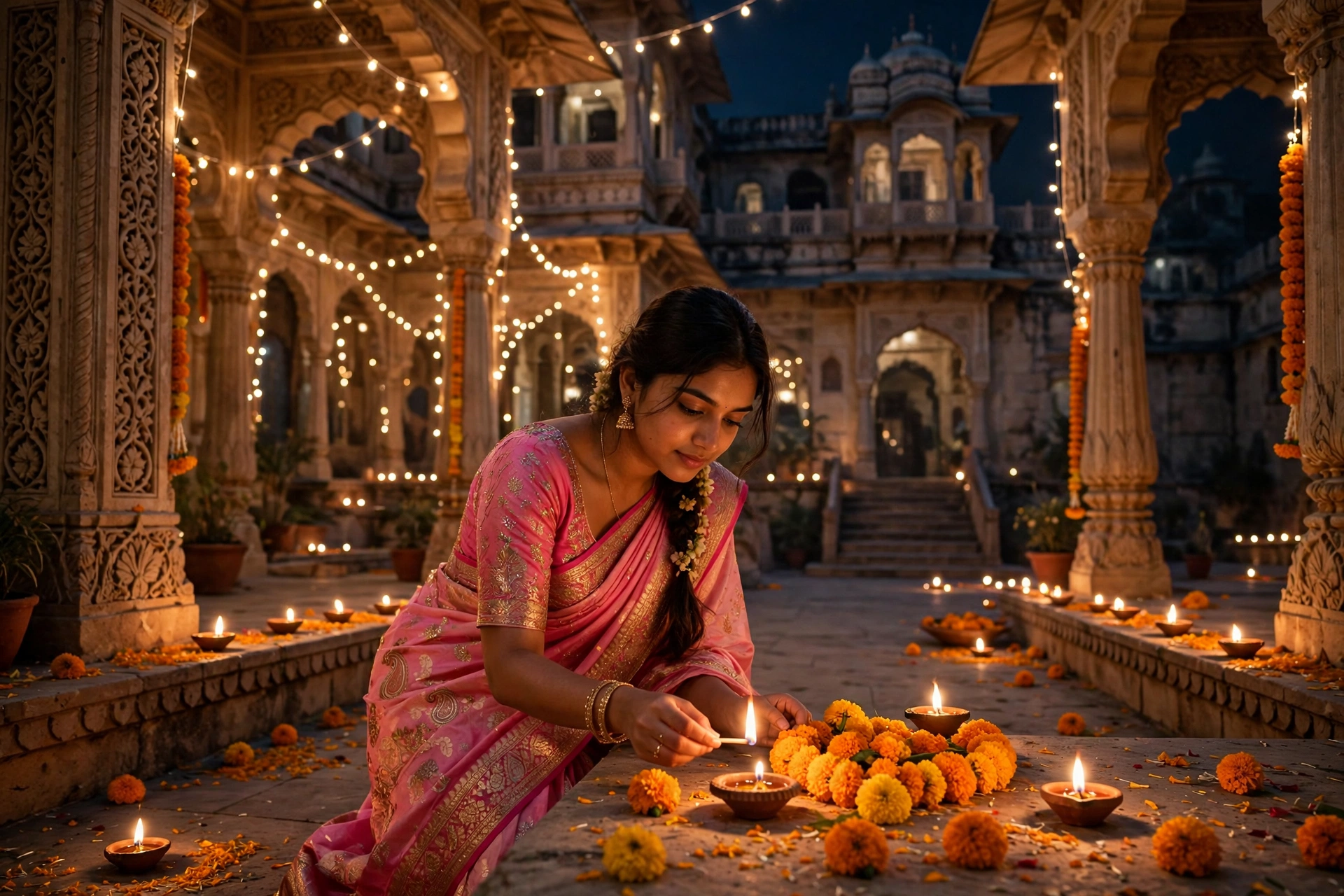 Create an ultra-realistic cinematic photograph of a young woman in a pink saree lighting diyas and arranging marigolds in a palace courtyard on Diwali