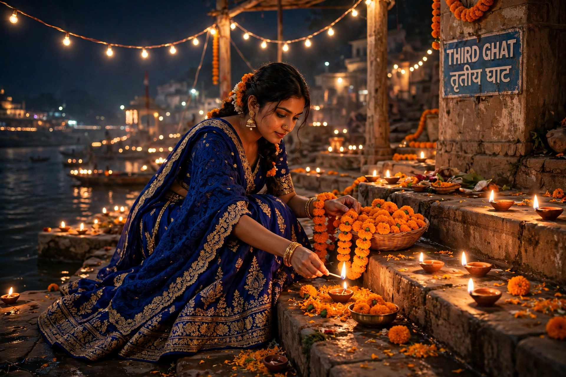 Create an ultra-realistic cinematic photograph of a young woman in a royal blue lehenga lighting diyas and arranging marigolds in a riverside ghat on