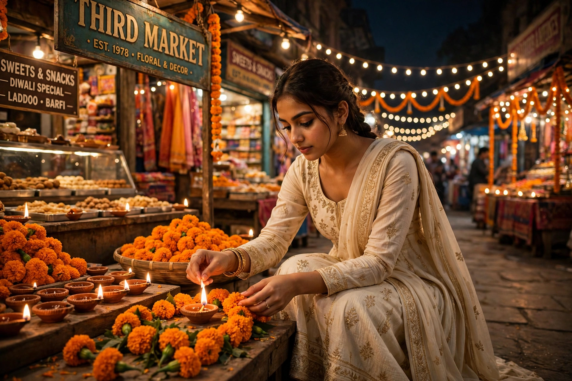 Create an ultra-realistic cinematic photograph of a young woman in a cream anarkali lighting diyas and arranging marigolds in a festive market street