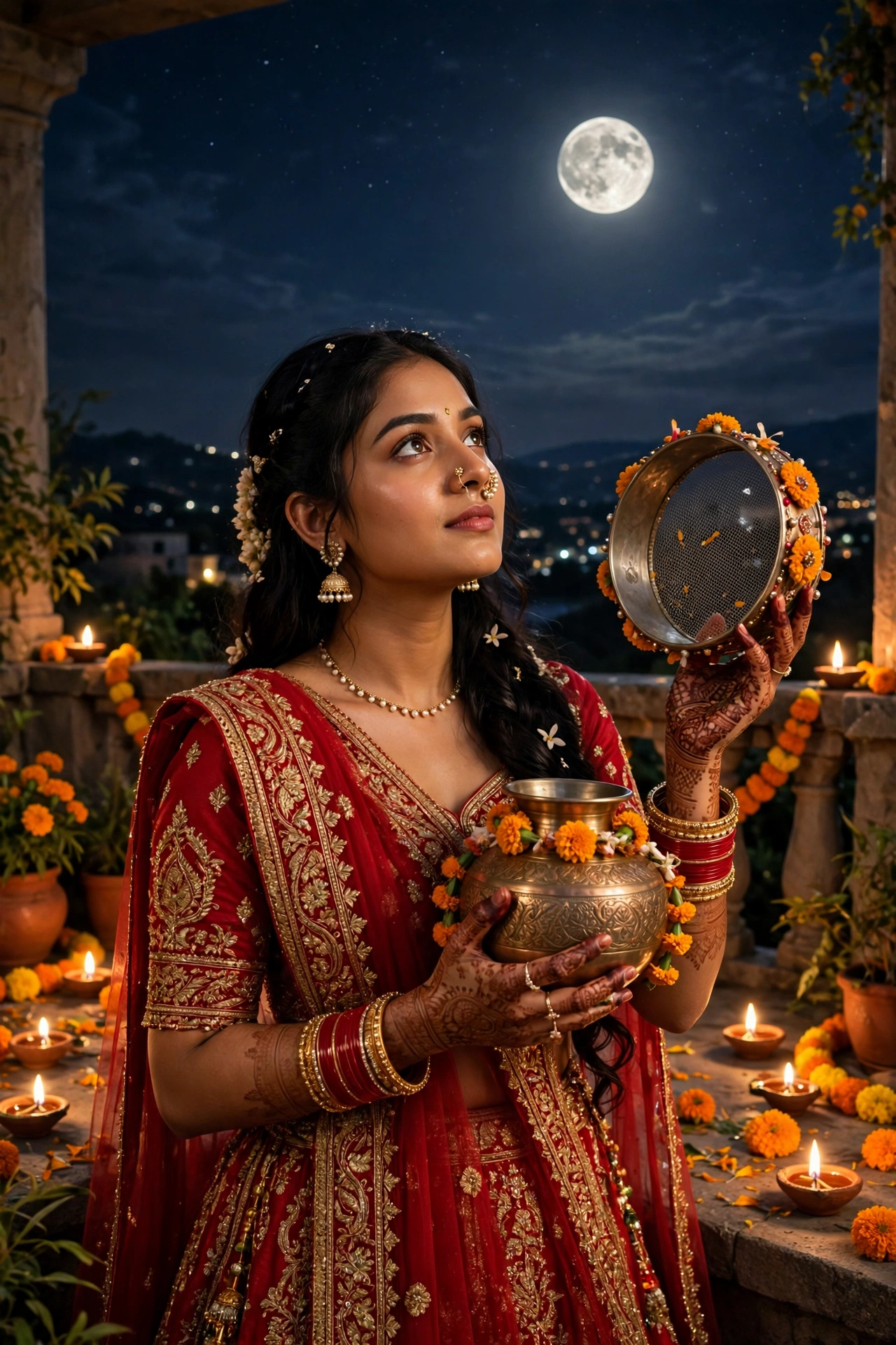 Create an ultra-realistic cinematic photograph of a young woman in a red bridal lehenga holding a decorated karwa and sieve, gazing at the rising moon