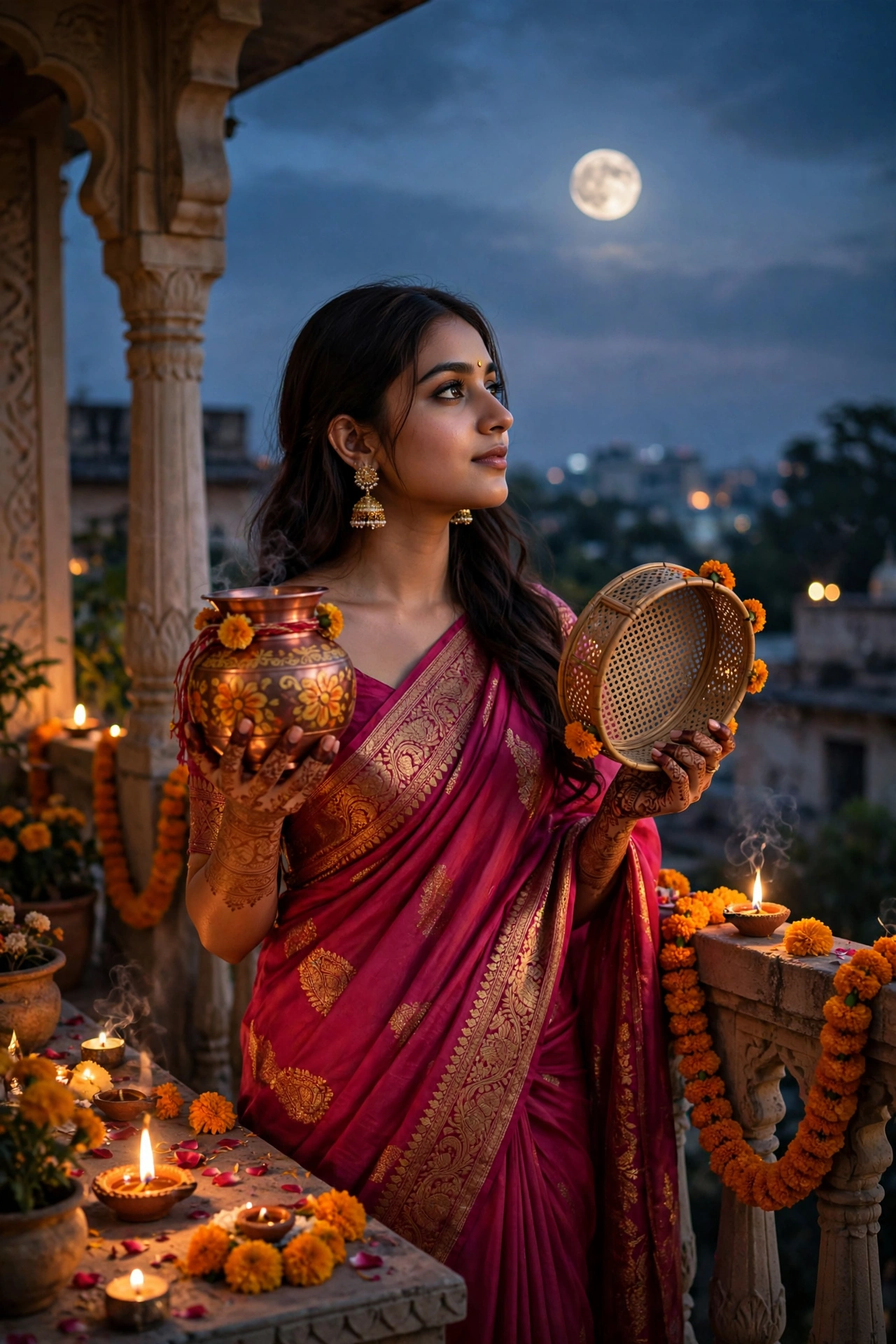 Create an ultra-realistic cinematic photograph of a young woman in a deep pink saree holding a decorated karwa and sieve, gazing at the rising moon fr
