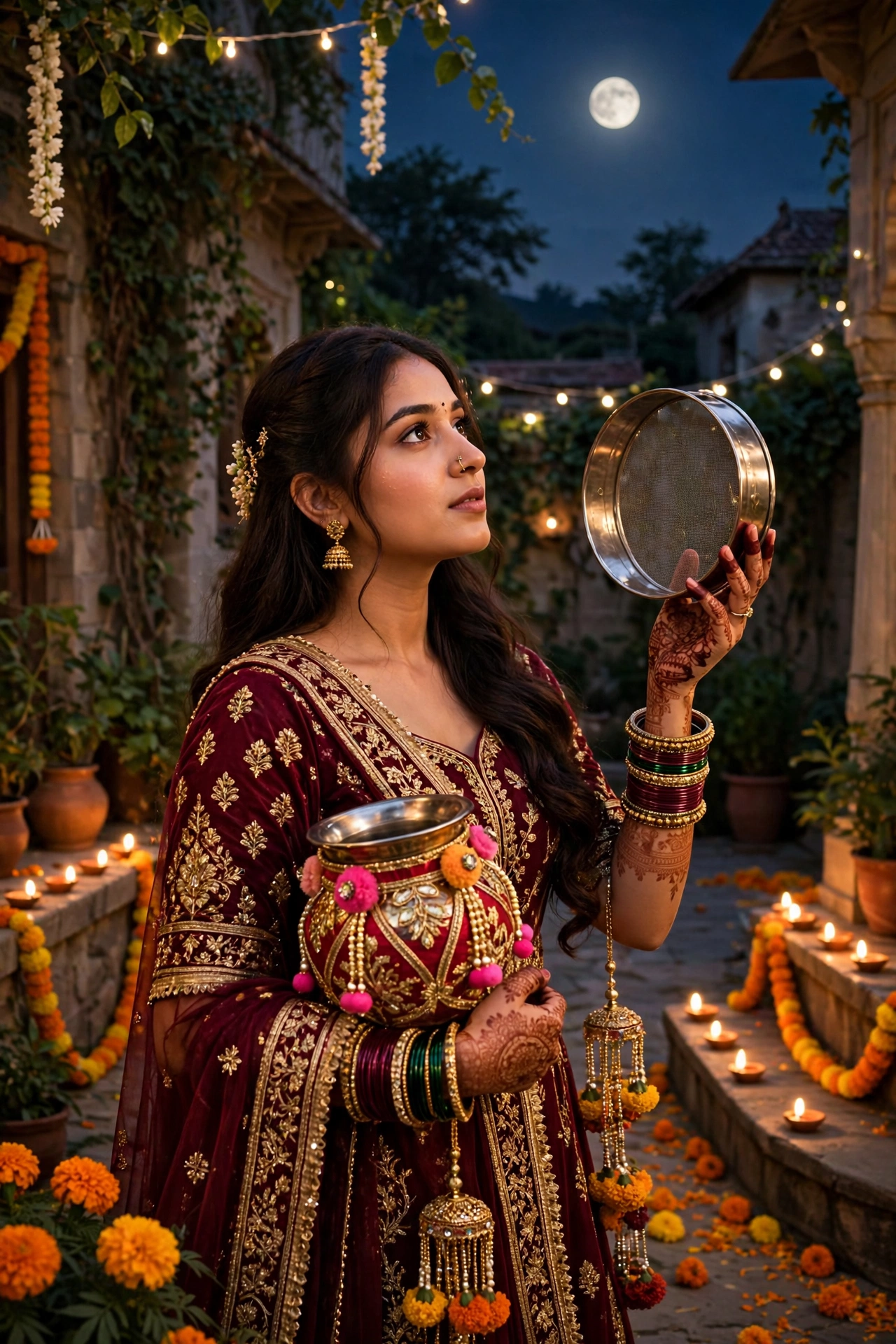 Create an ultra-realistic cinematic photograph of a young woman in a maroon bridal suit holding a decorated karwa and sieve, gazing at the rising moon