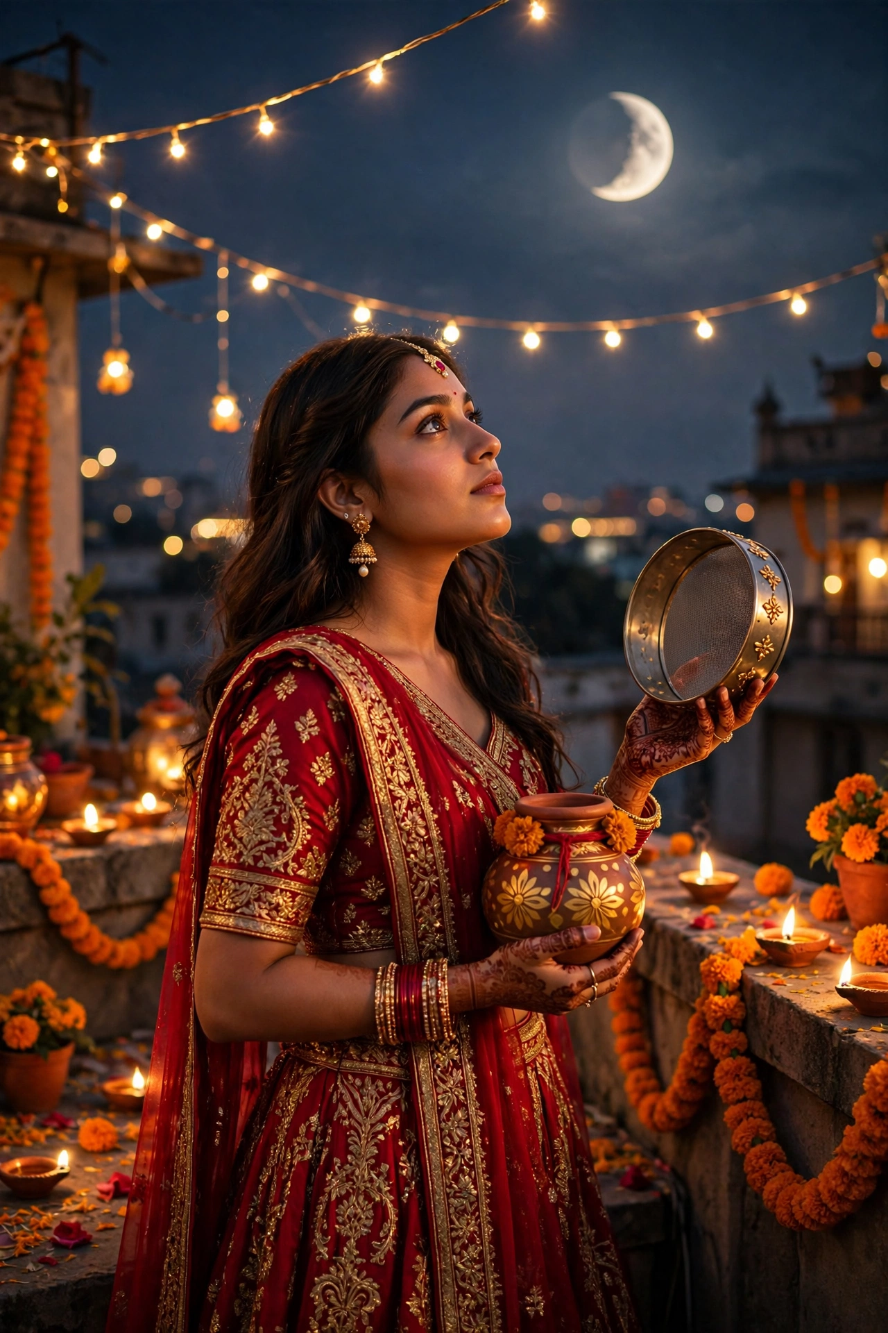 Create an ultra-realistic cinematic photograph of a young woman in a crimson lehenga holding a decorated karwa and sieve, gazing at the rising moon fr
