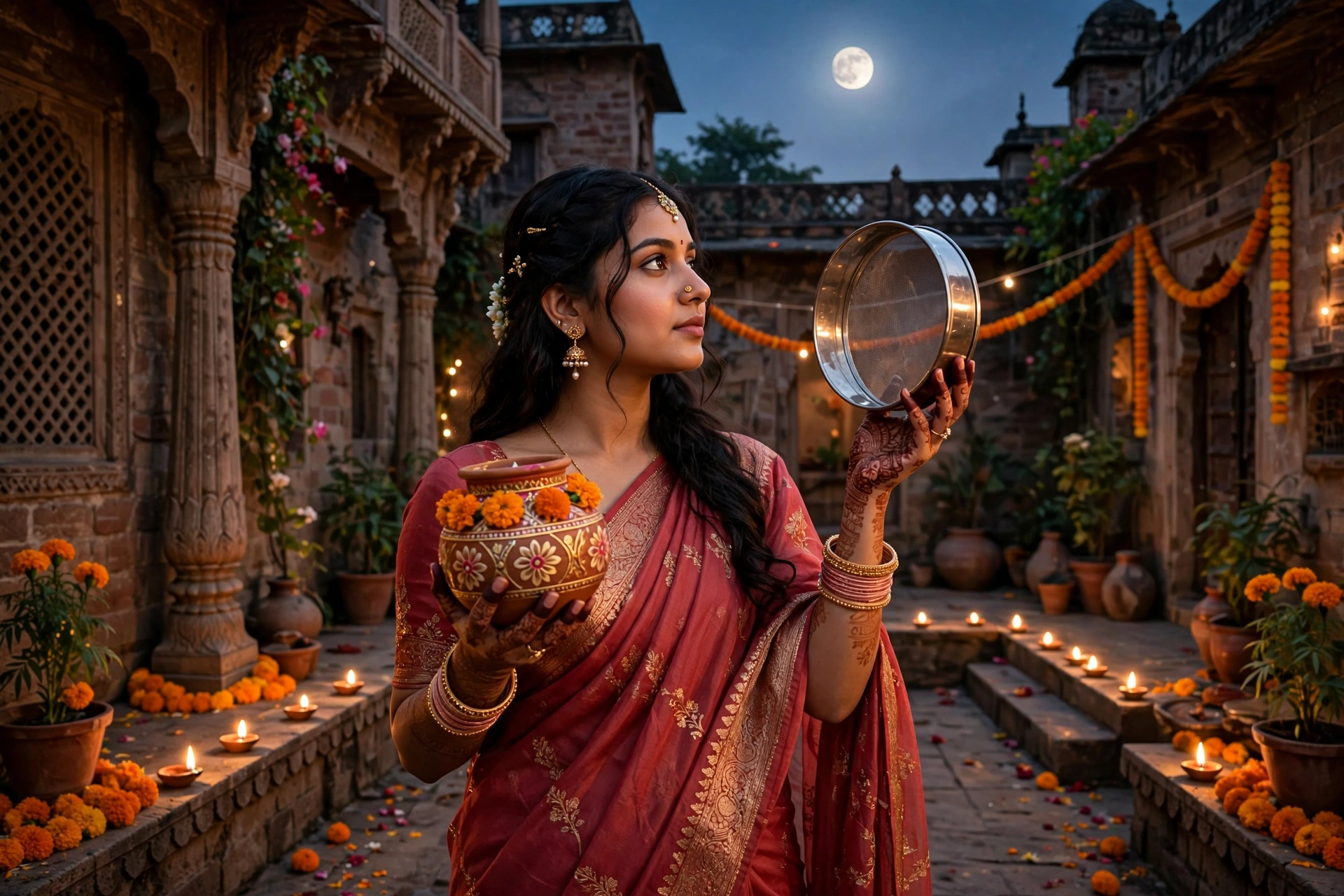 Create an ultra-realistic cinematic photograph of a young woman in a rose-red saree holding a decorated karwa and sieve, gazing at the rising moon fro