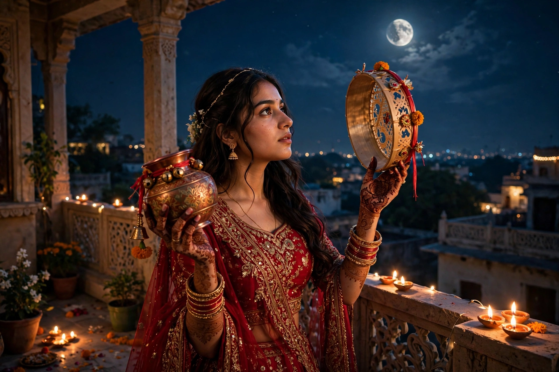 Create an ultra-realistic cinematic photograph of a young woman in a red bridal lehenga holding a decorated karwa and sieve, gazing at the rising moon