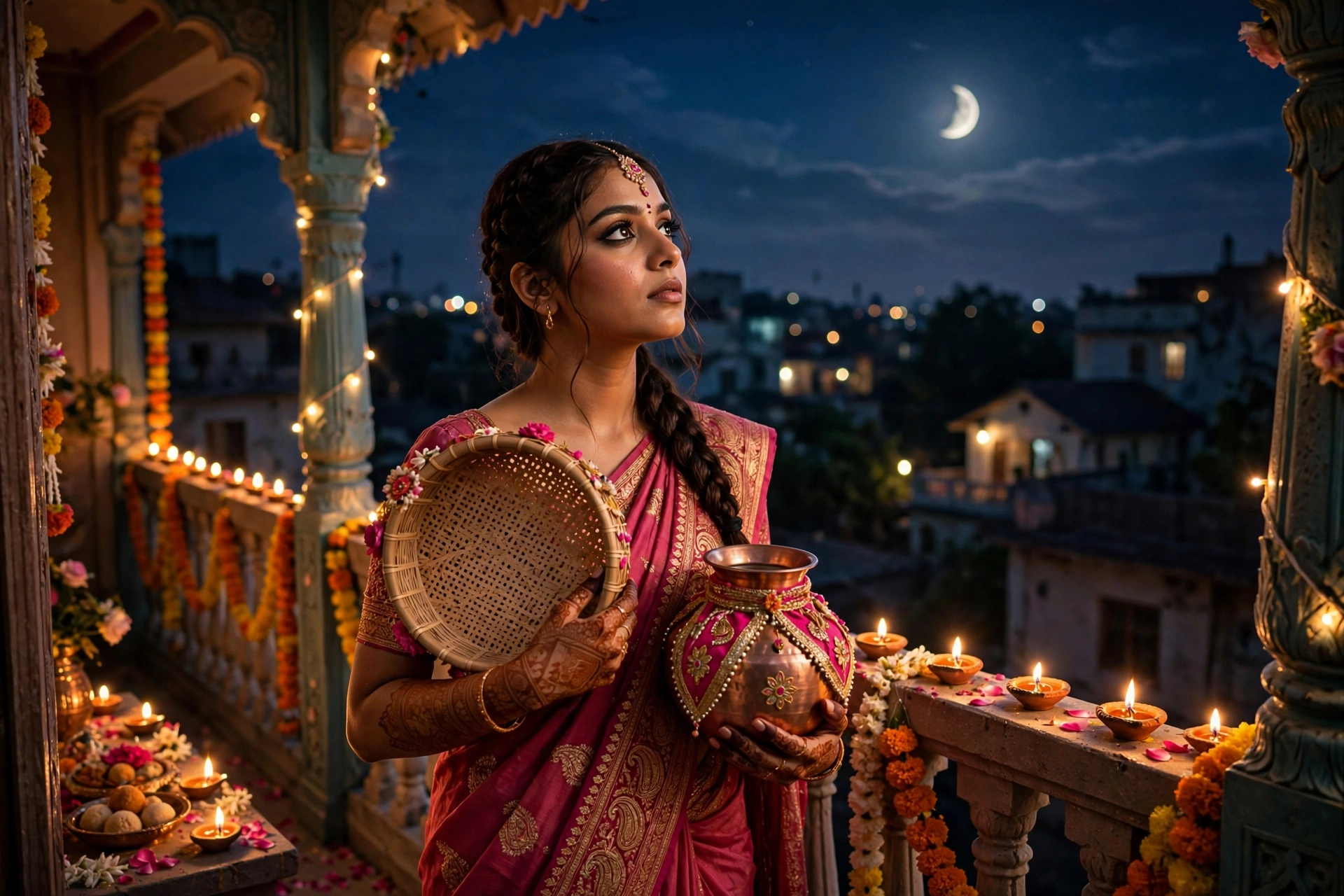 Create an ultra-realistic cinematic photograph of a young woman in a deep pink saree holding a decorated karwa and sieve, gazing at the rising moon fr