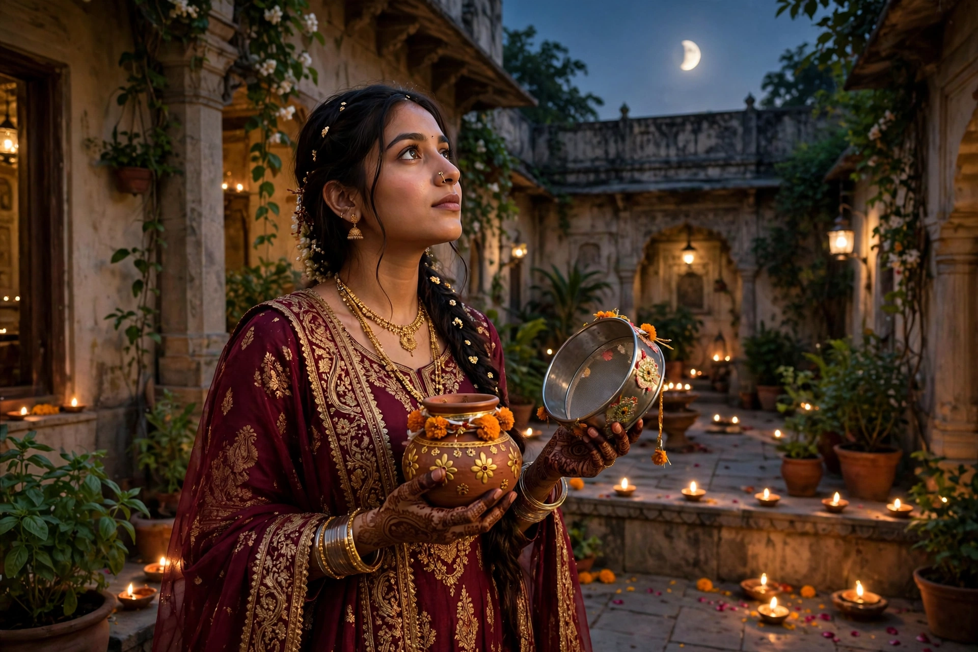 Create an ultra-realistic cinematic photograph of a young woman in a maroon bridal suit holding a decorated karwa and sieve, gazing at the rising moon