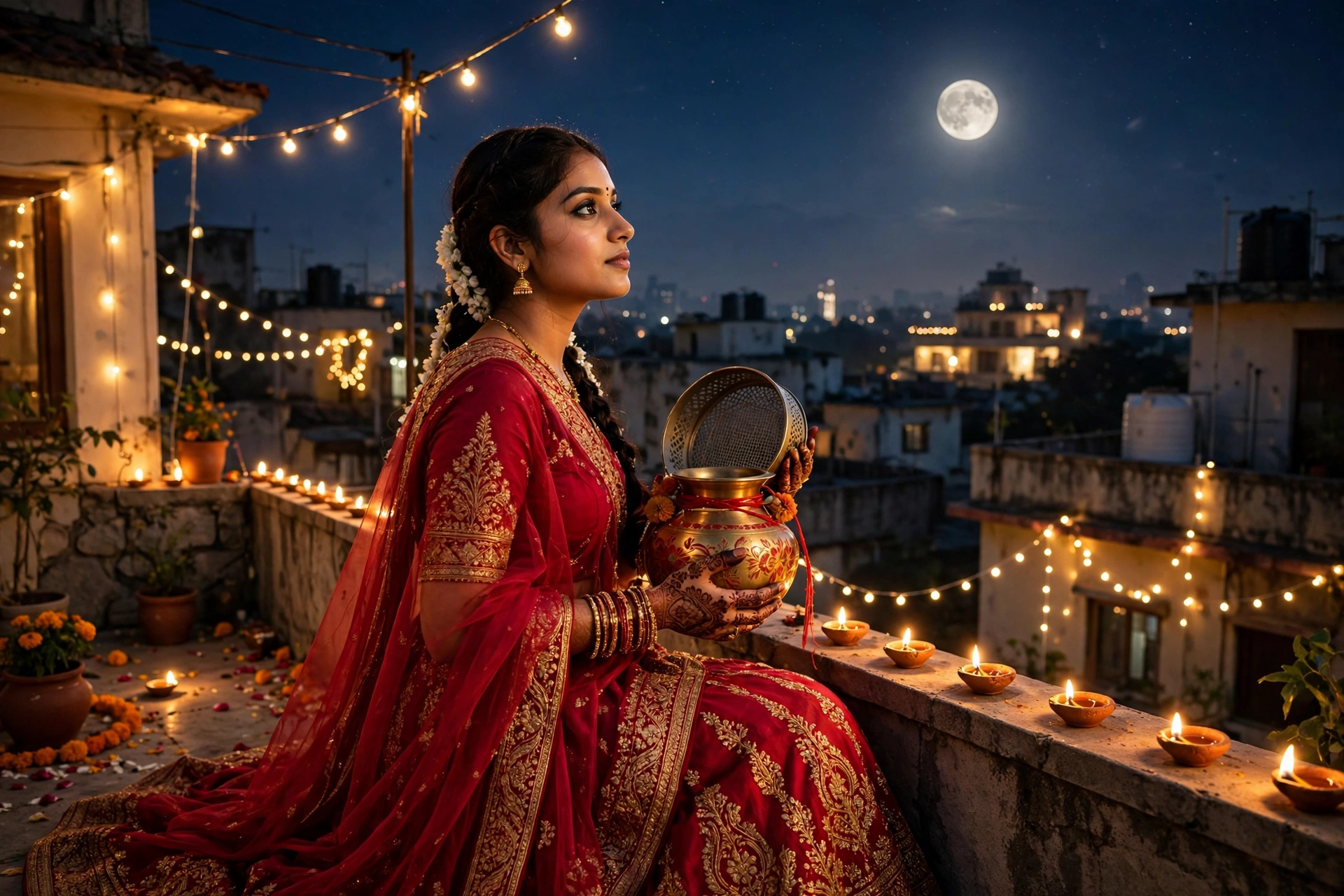 Create an ultra-realistic cinematic photograph of a young woman in a crimson lehenga holding a decorated karwa and sieve, gazing at the rising moon fr