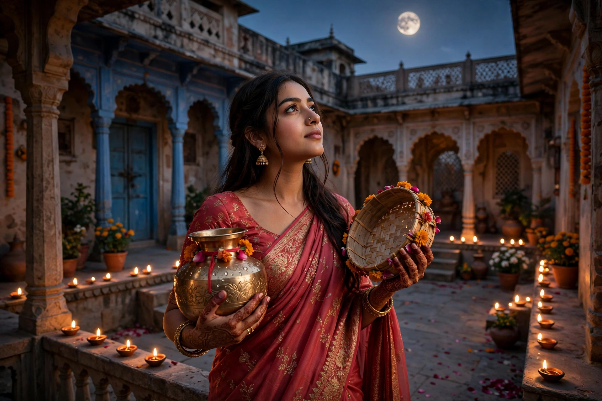Create an ultra-realistic cinematic photograph of a young woman in a rose-red saree holding a decorated karwa and sieve, gazing at the rising moon fro