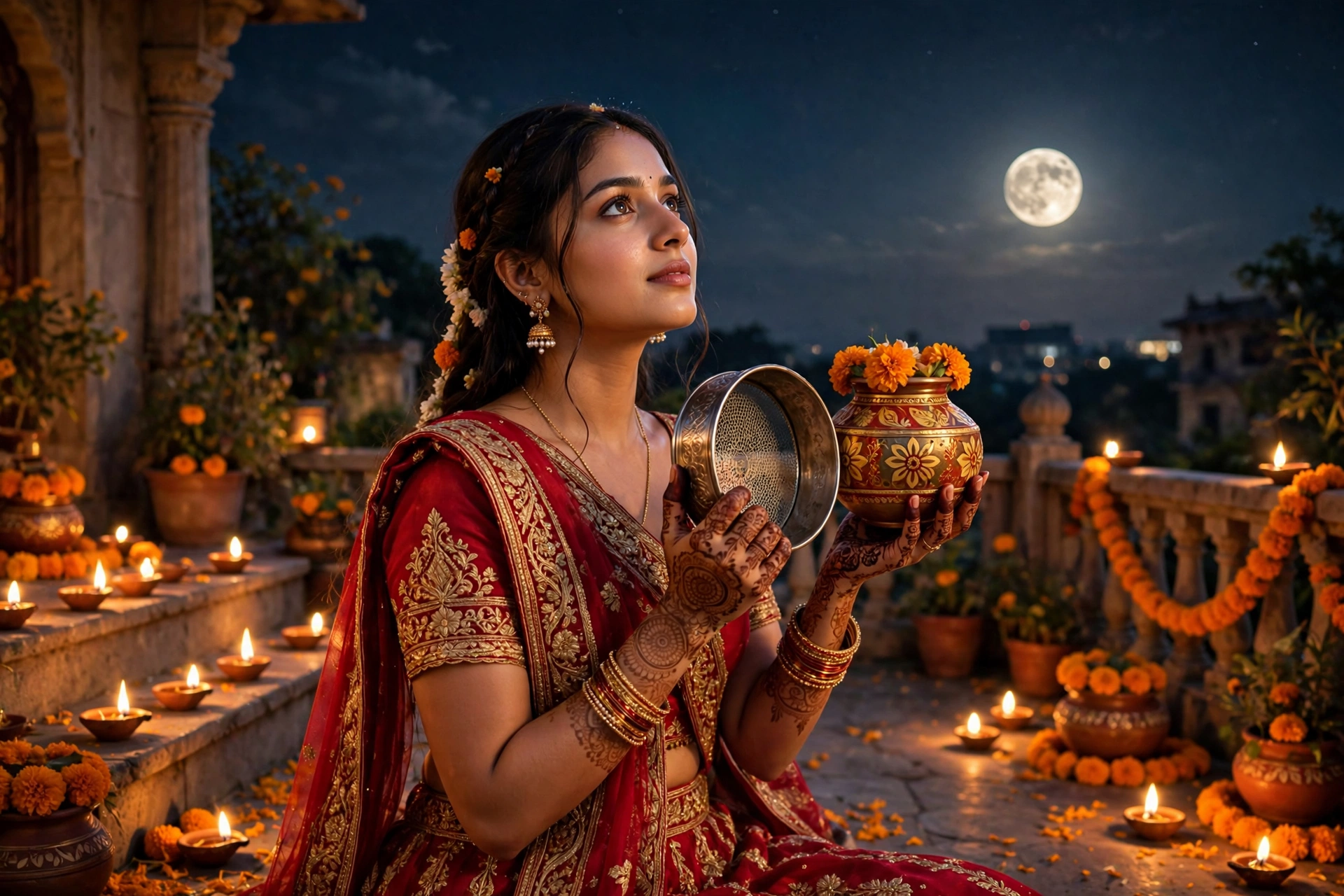 Create an ultra-realistic cinematic photograph of a young woman in a red bridal lehenga holding a decorated karwa and sieve, gazing at the rising moon
