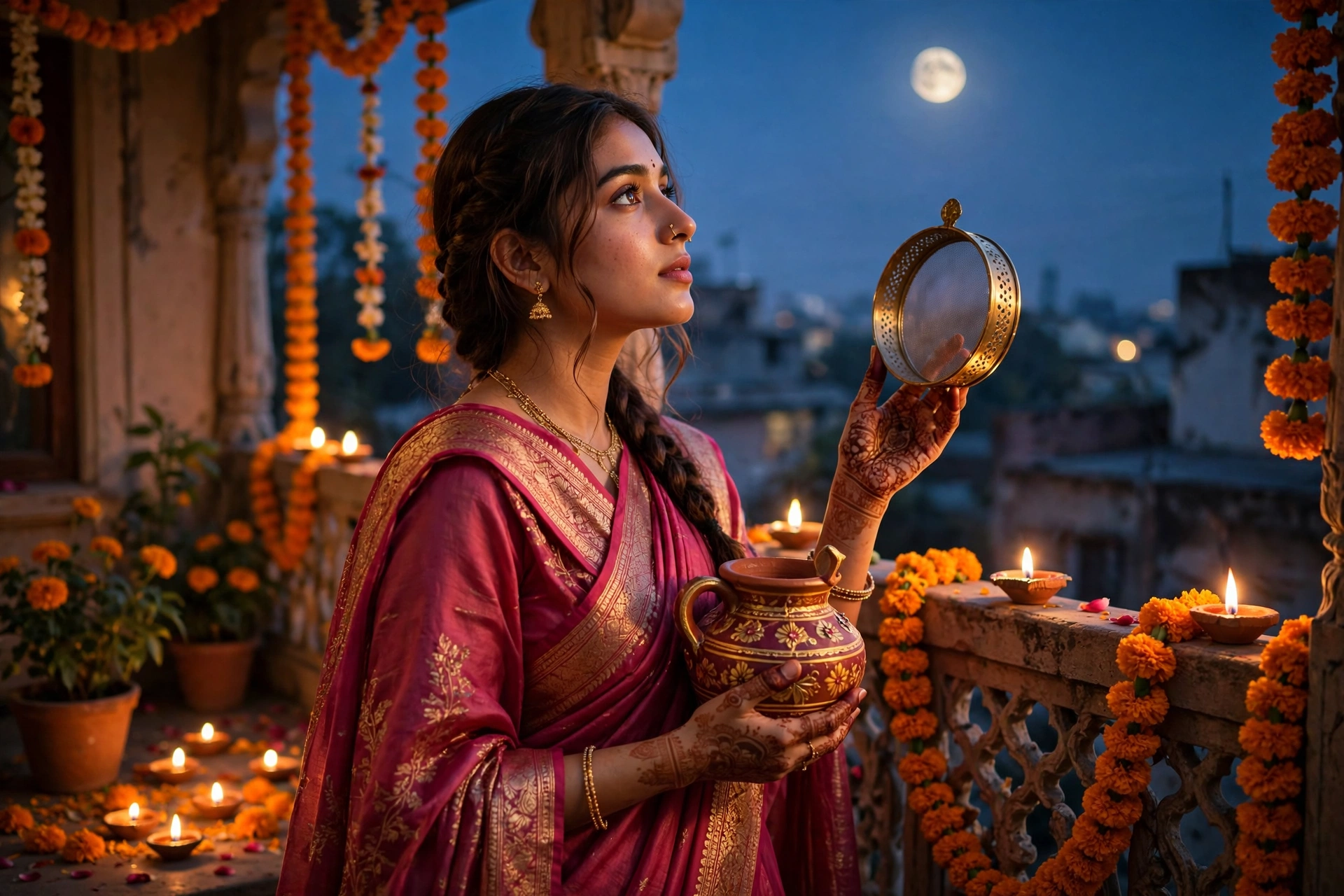 Create an ultra-realistic cinematic photograph of a young woman in a deep pink saree holding a decorated karwa and sieve, gazing at the rising moon fr