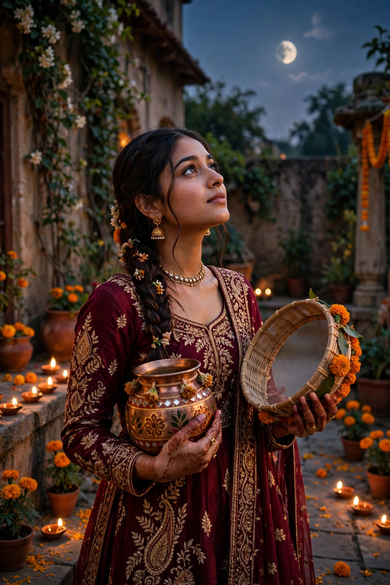 Create an ultra-realistic cinematic photograph of a young woman in a maroon bridal suit holding a decorated karwa and sieve, gazing at the rising moon