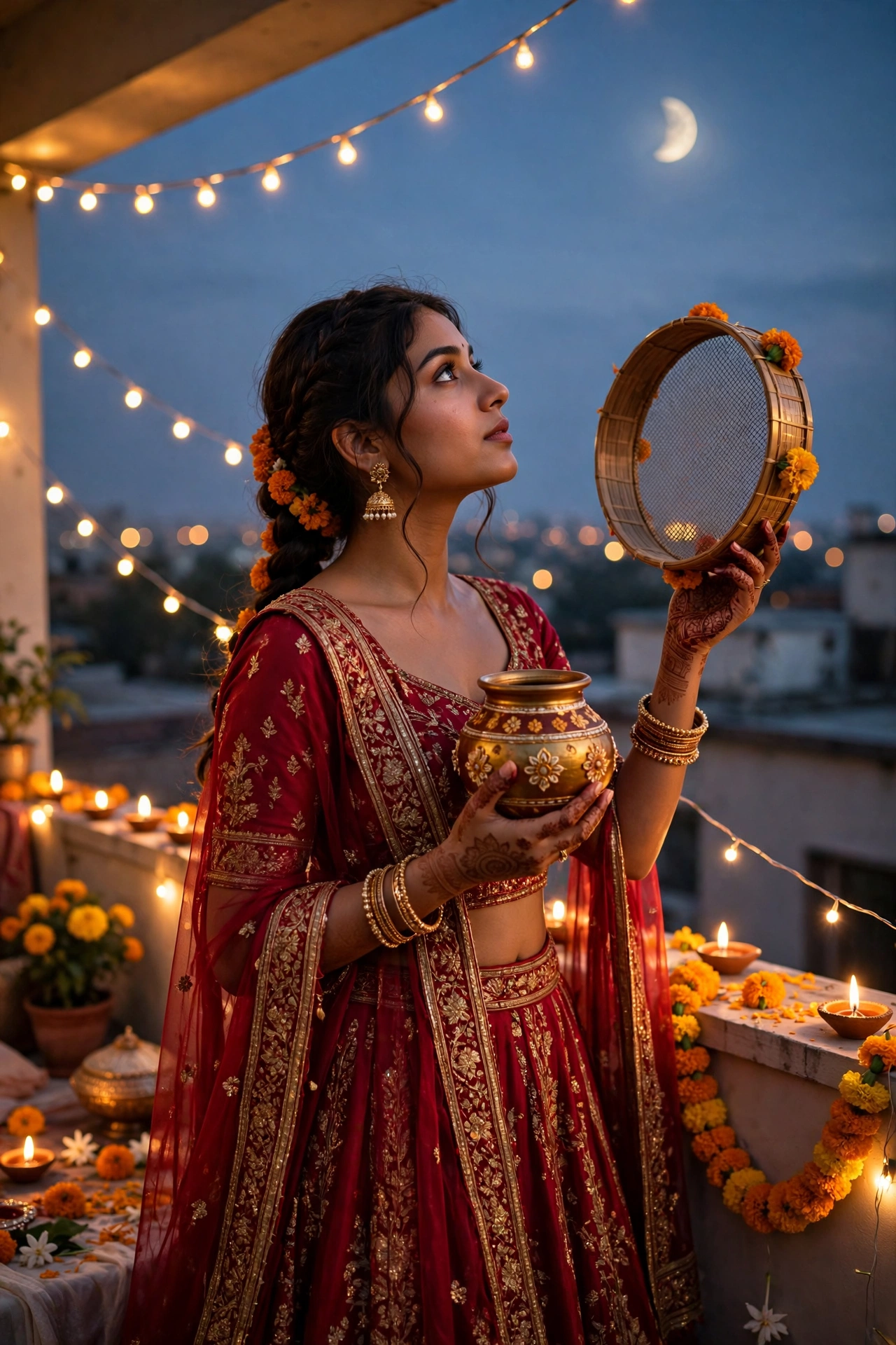 Create an ultra-realistic cinematic photograph of a young woman in a crimson lehenga holding a decorated karwa and sieve, gazing at the rising moon fr