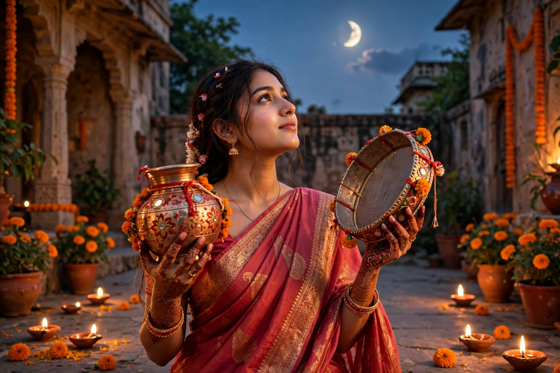 Create an ultra-realistic cinematic photograph of a young woman in a rose-red saree holding a decorated karwa and sieve, gazing at the rising moon fro