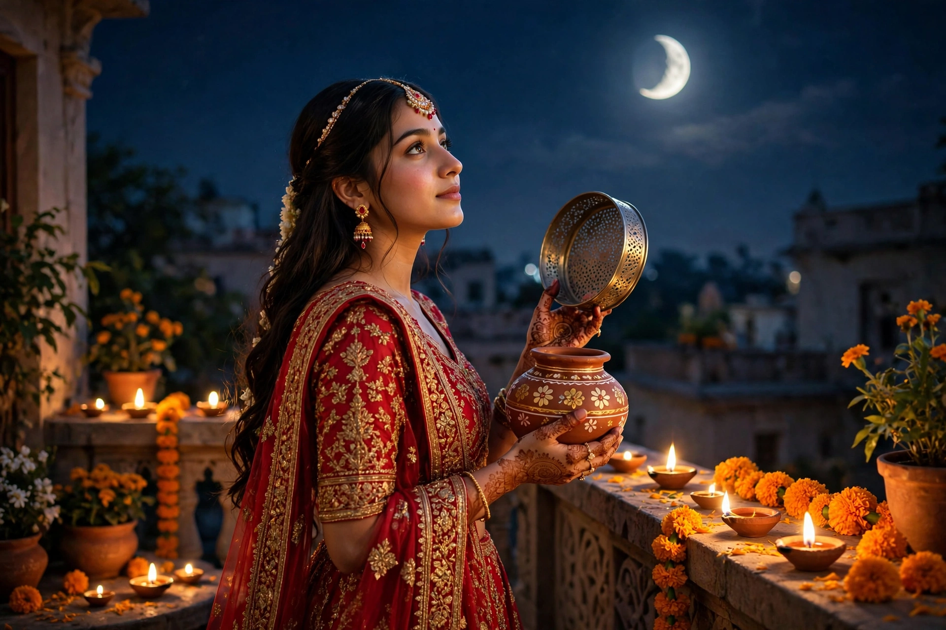 Create an ultra-realistic cinematic photograph of a young woman in a red bridal lehenga holding a decorated karwa and sieve, gazing at the rising moon