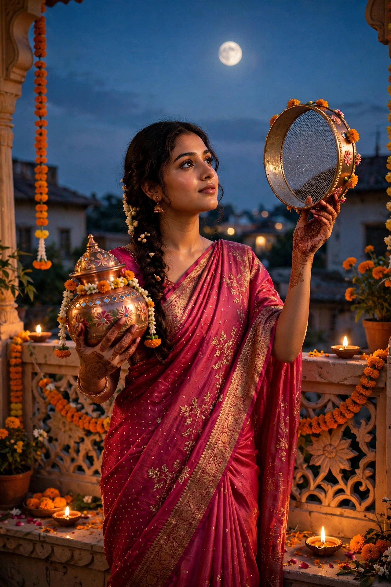 Create an ultra-realistic cinematic photograph of a young woman in a deep pink saree holding a decorated karwa and sieve, gazing at the rising moon fr