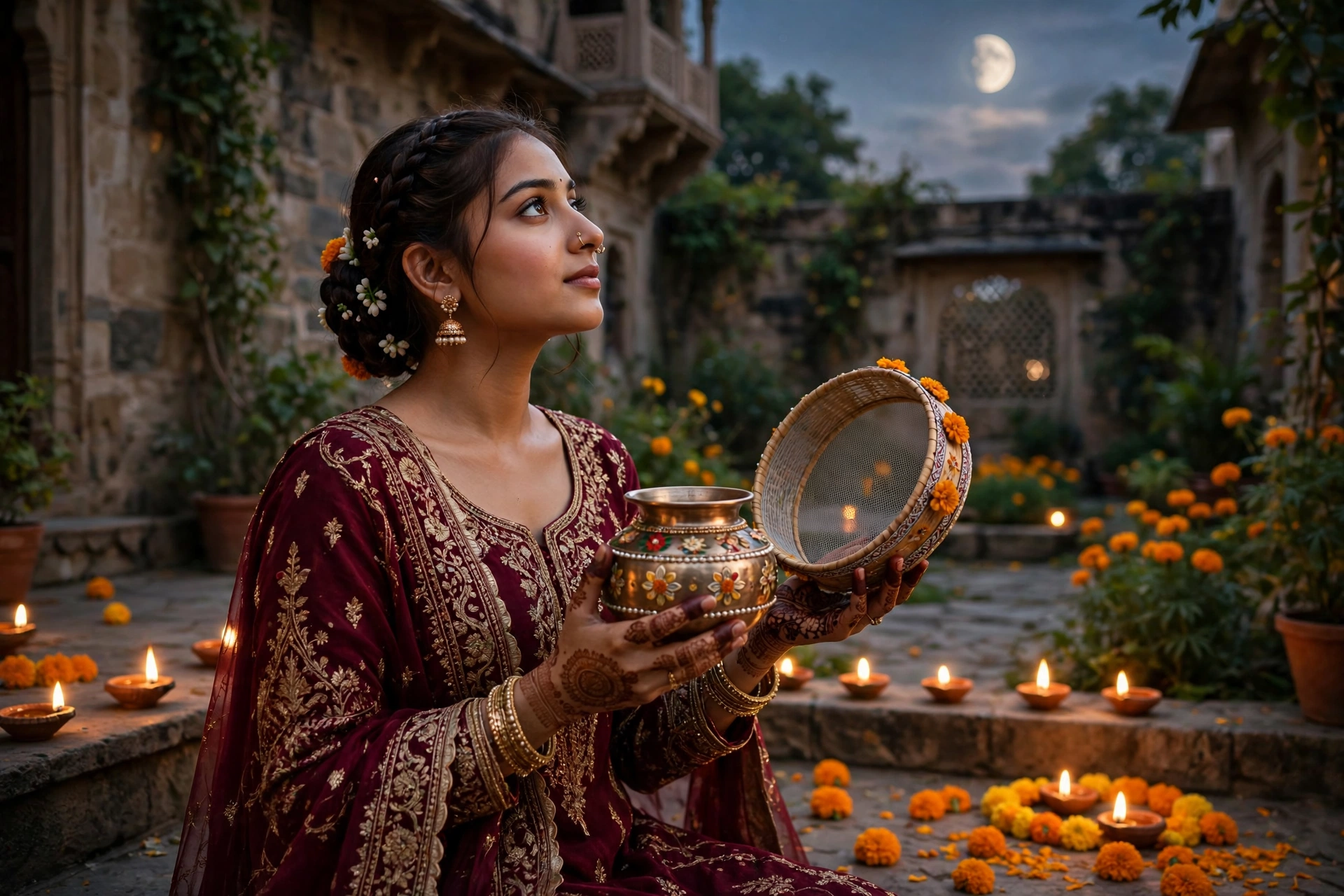Create an ultra-realistic cinematic photograph of a young woman in a maroon bridal suit holding a decorated karwa and sieve, gazing at the rising moon