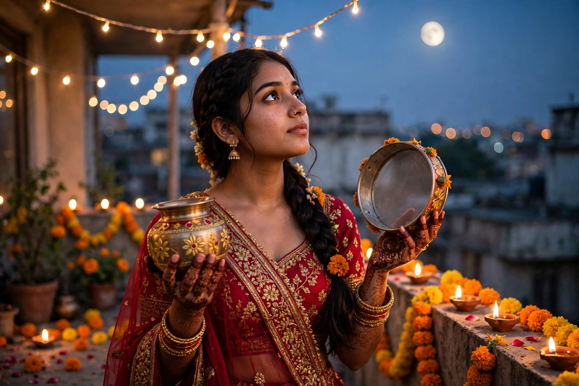 Create an ultra-realistic cinematic photograph of a young woman in a crimson lehenga holding a decorated karwa and sieve, gazing at the rising moon fr