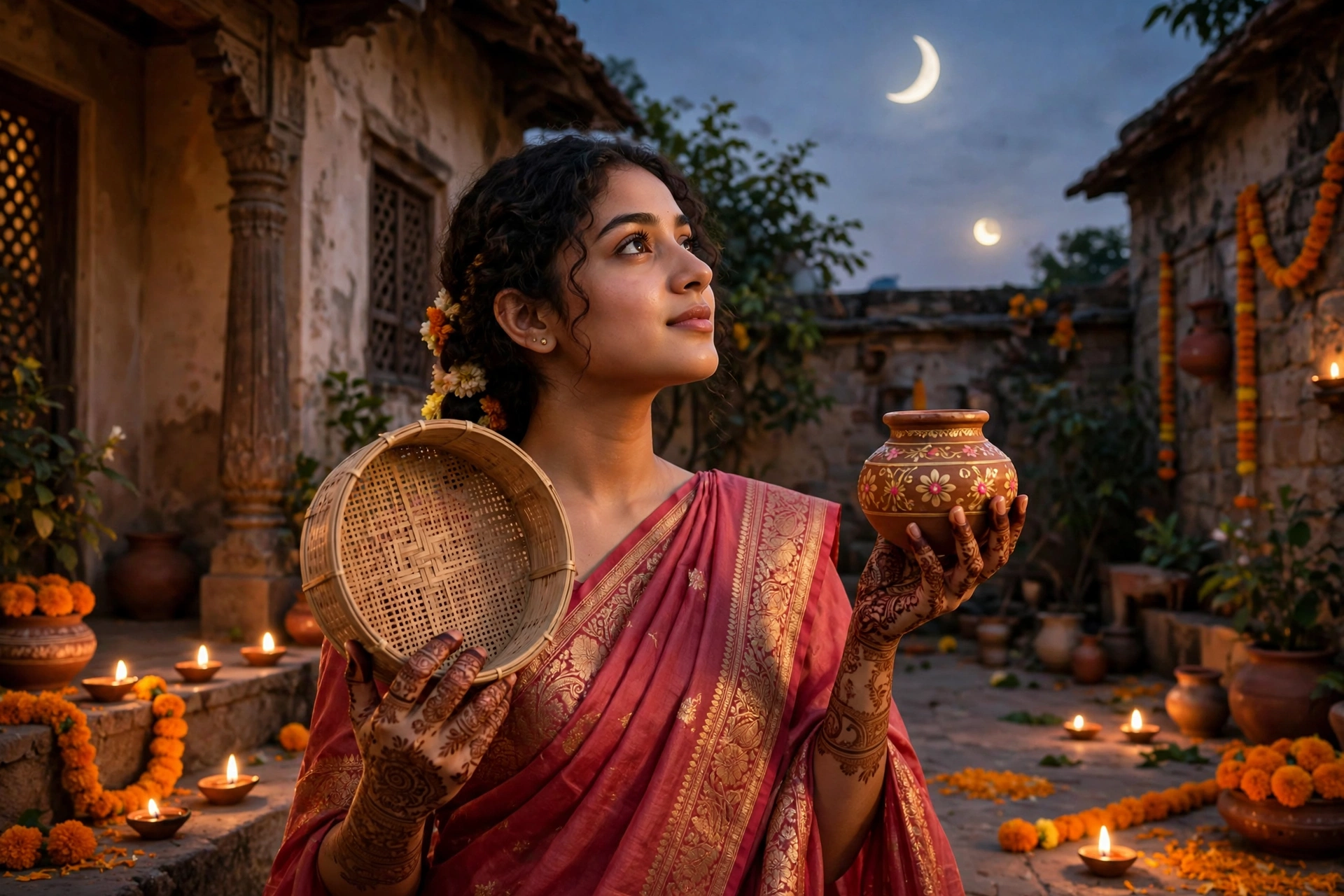 Create an ultra-realistic cinematic photograph of a young woman in a rose-red saree holding a decorated karwa and sieve, gazing at the rising moon fro