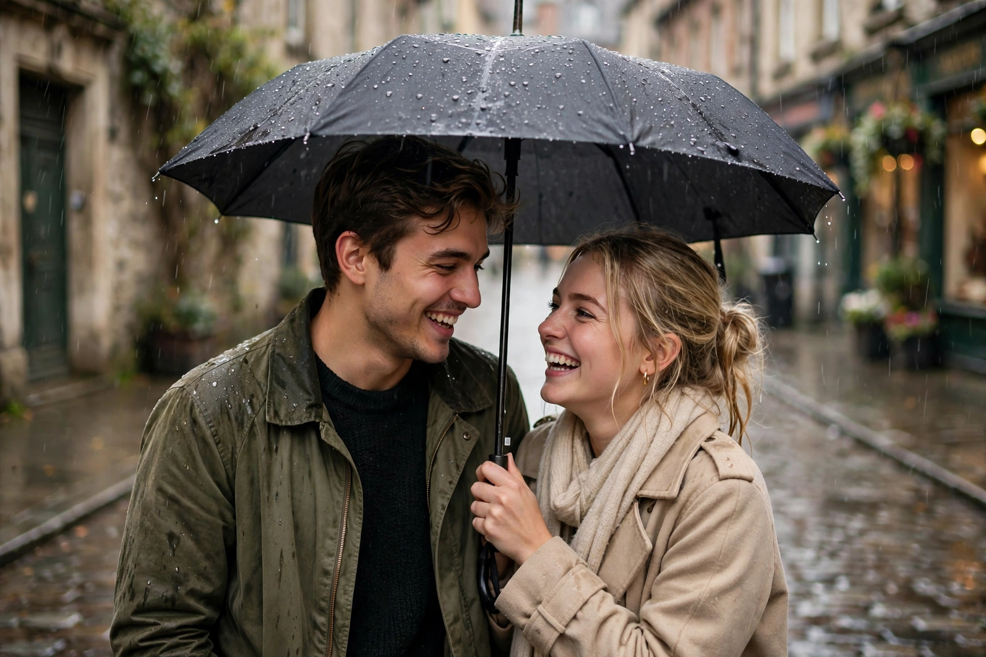Create an ultra-realistic cinematic photograph of a young couple sharing an umbrella in light rain on a cobbled old-city street, laughing softly. Styl