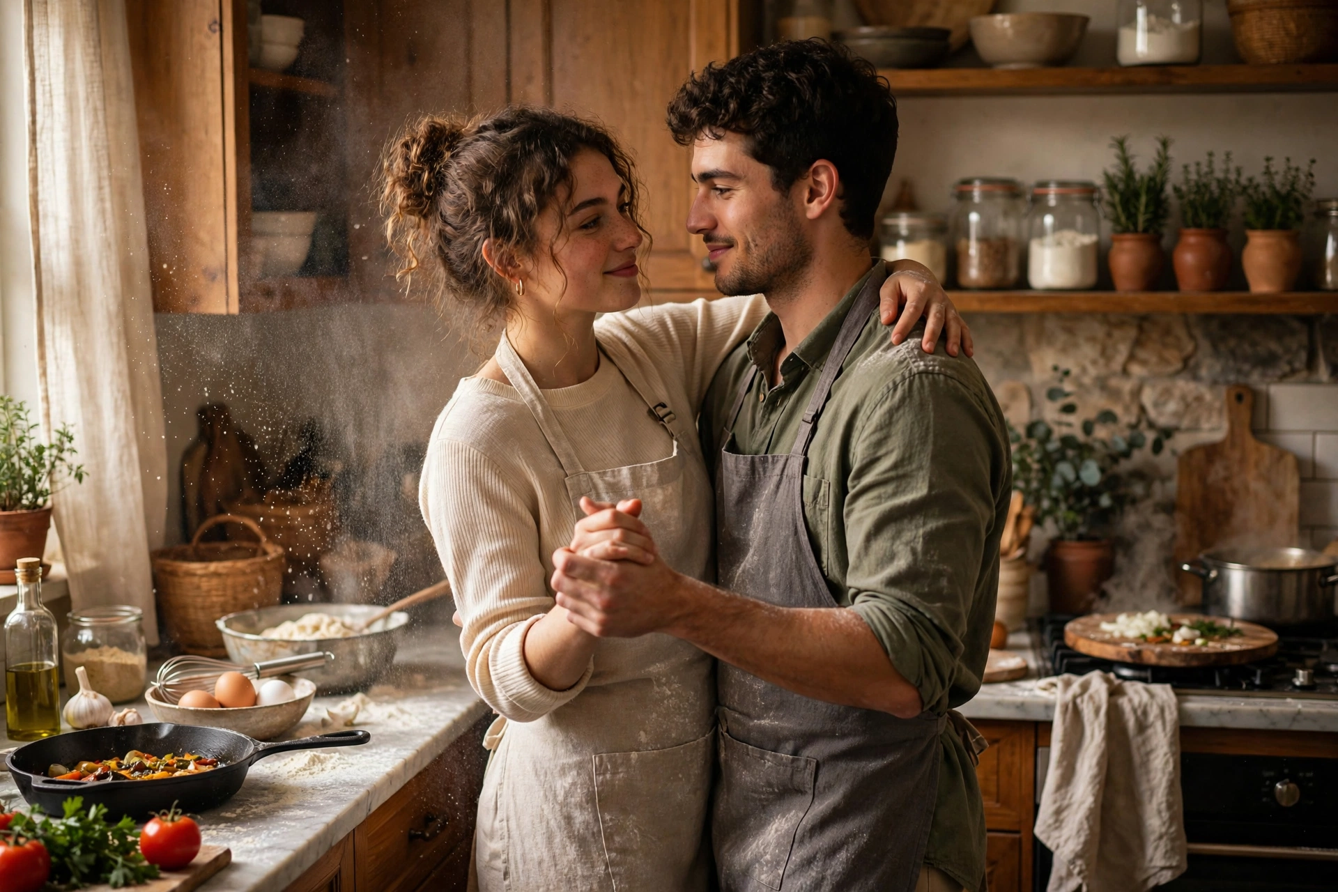 Create an ultra-realistic cinematic photograph of a young couple dancing slowly in a warm kitchen while cooking together, flour dust in the air. Style