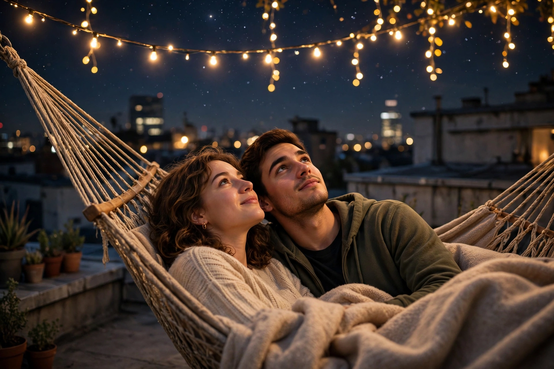 Create an ultra-realistic cinematic photograph of a young couple stargazing from a rooftop hammock, fairy lights above them. Style: professional photo